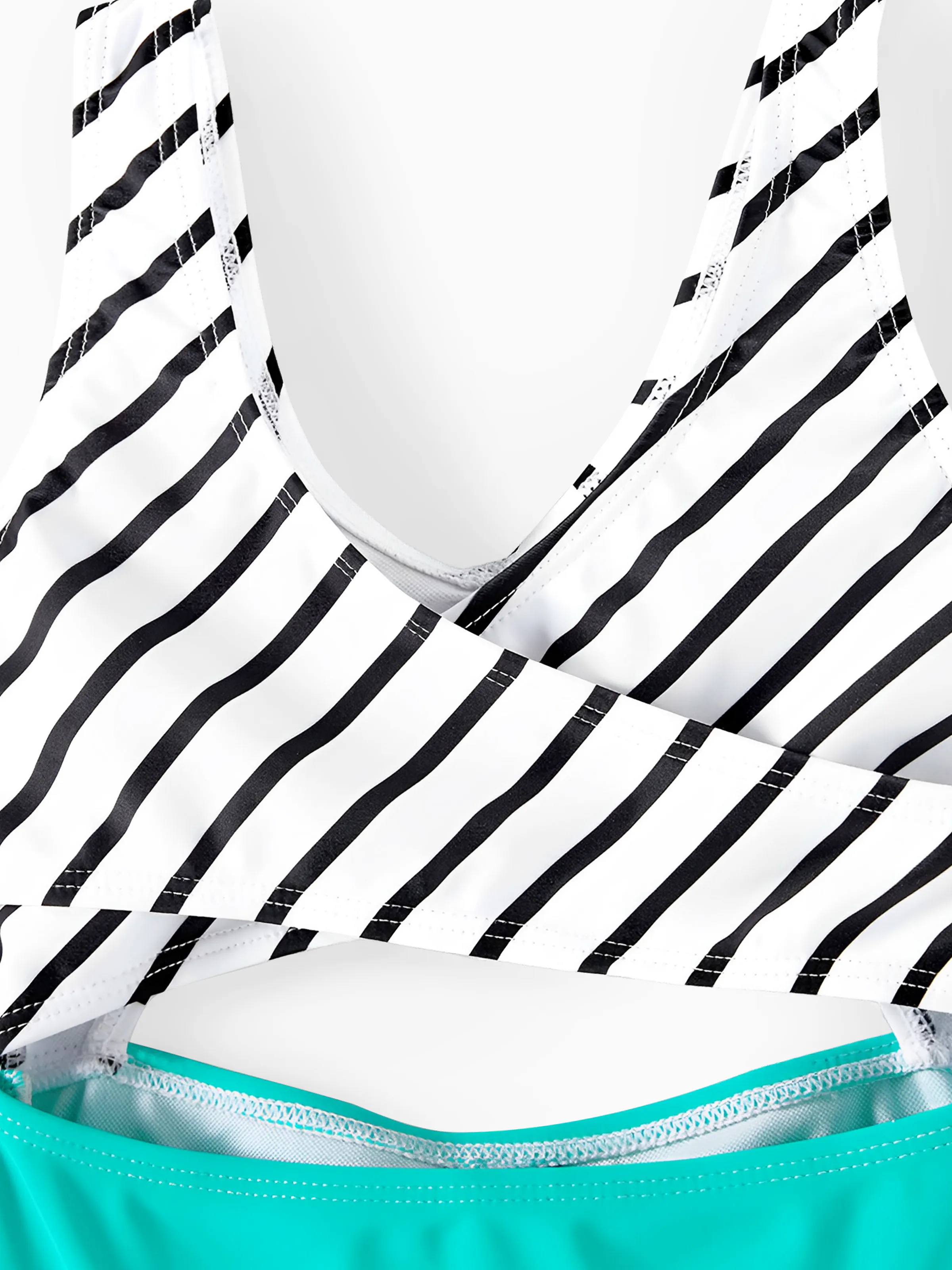 Family Matching Striped Spliced Cut Out One-piece Swimsuit and Colorblock Swim Trunks Green/White - Image 11