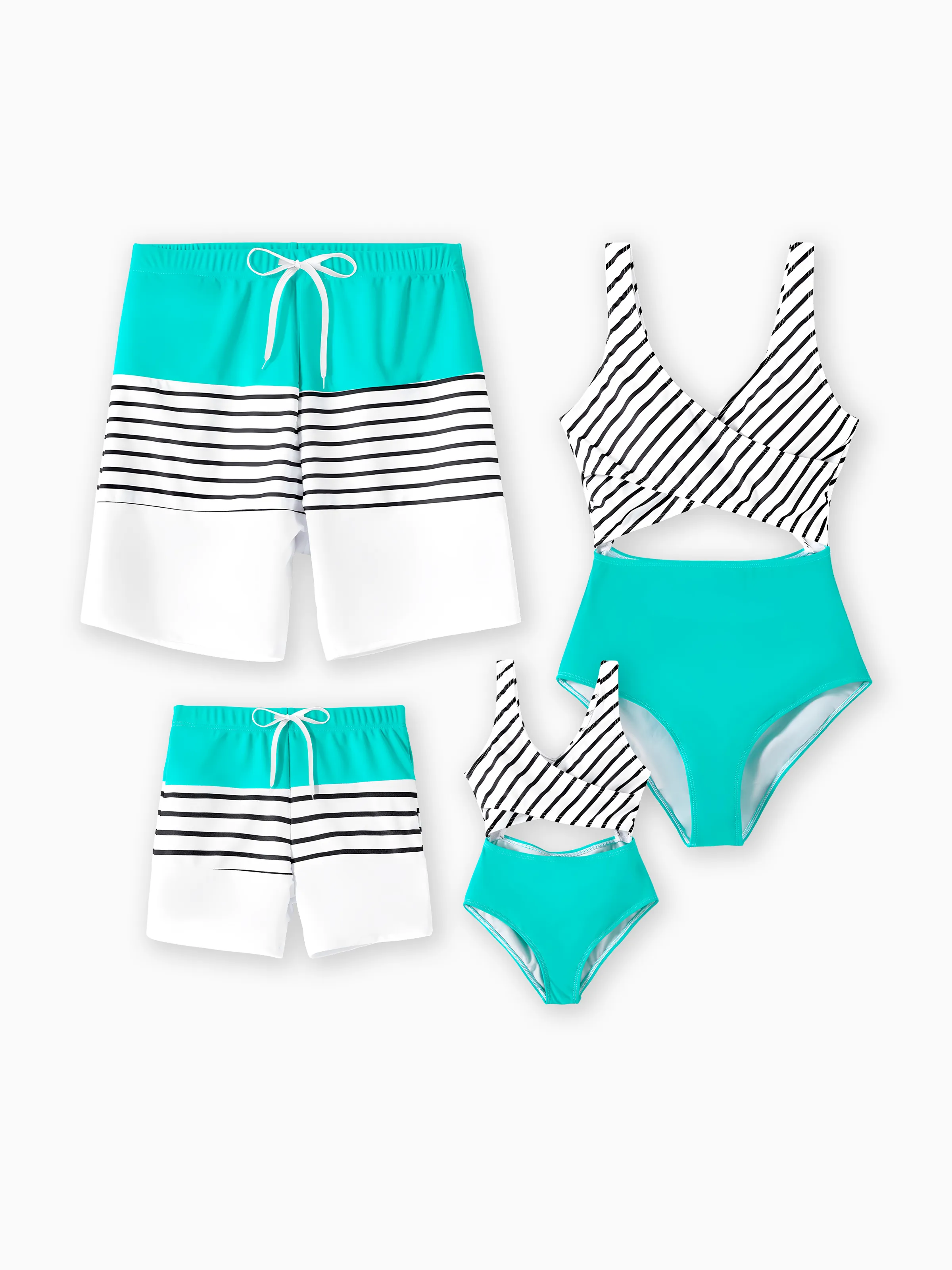 Family Matching Striped Spliced Cut Out One-piece Swimsuit and Colorblock Swim Trunks Green/White - Image 2