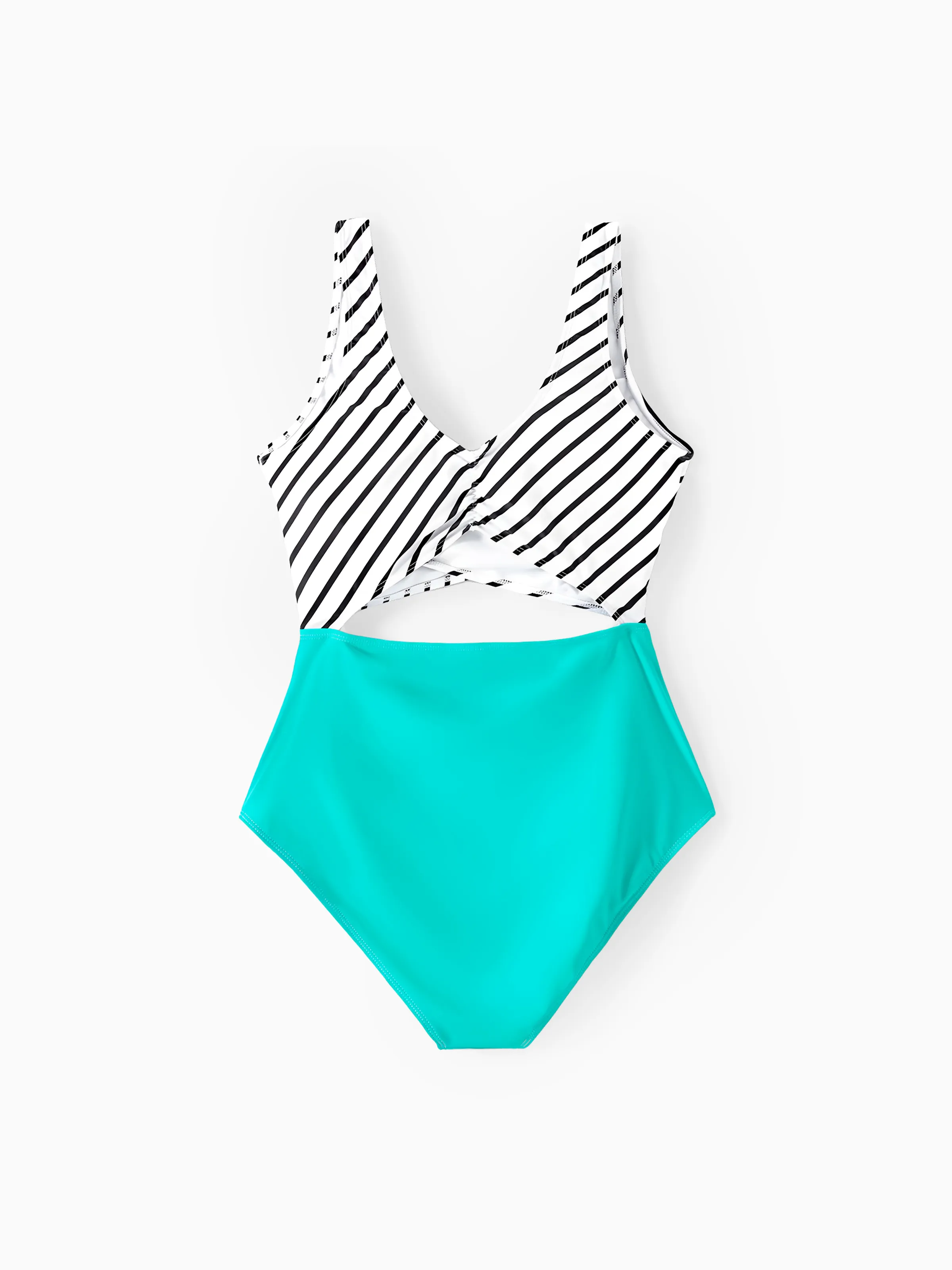 Family Matching Striped Spliced Cut Out One-piece Swimsuit and Colorblock Swim Trunks Green/White - Image 4