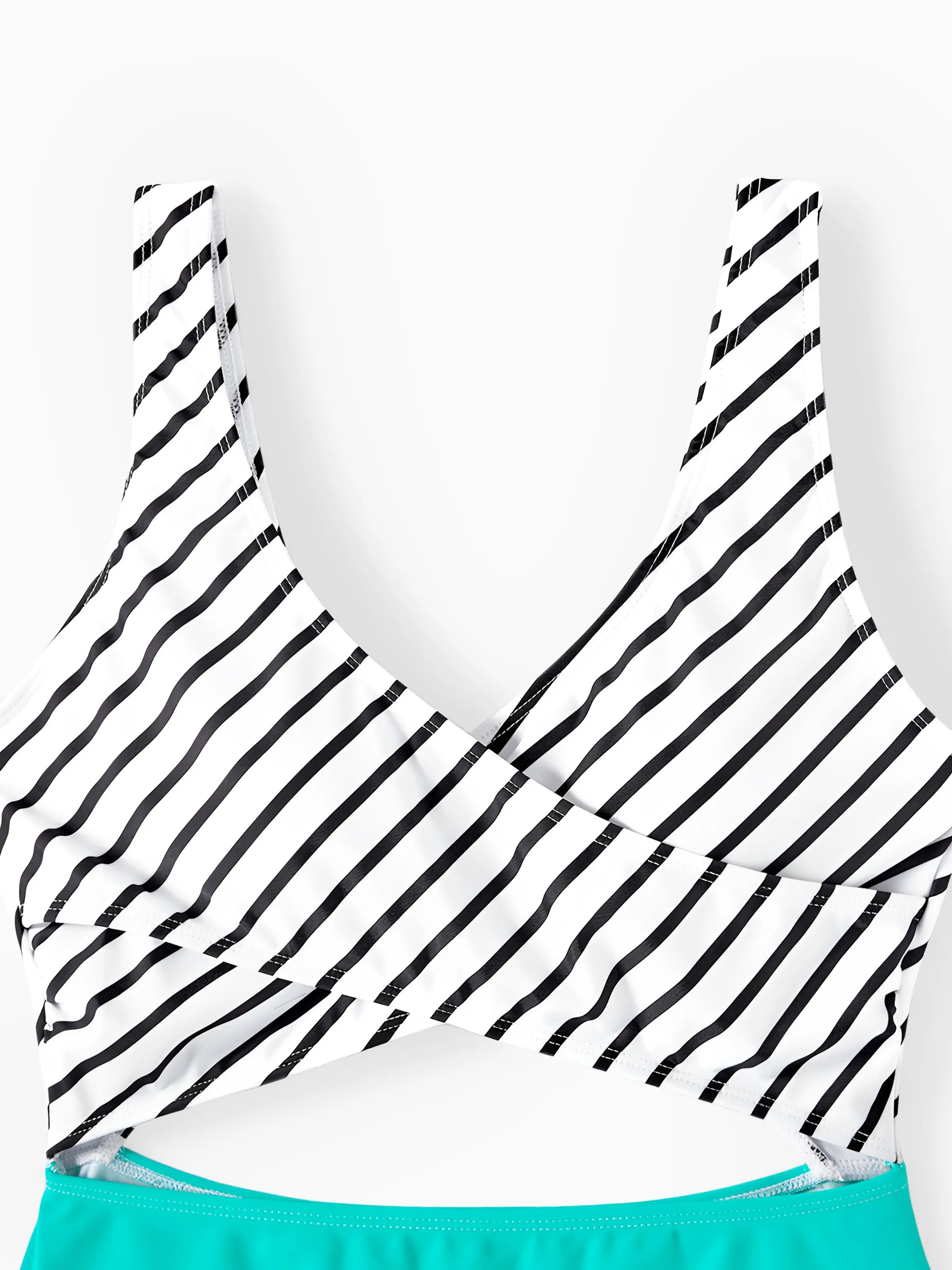 Family Matching Striped Spliced Cut Out One-piece Swimsuit and Colorblock Swim Trunks Green/White - Image 5