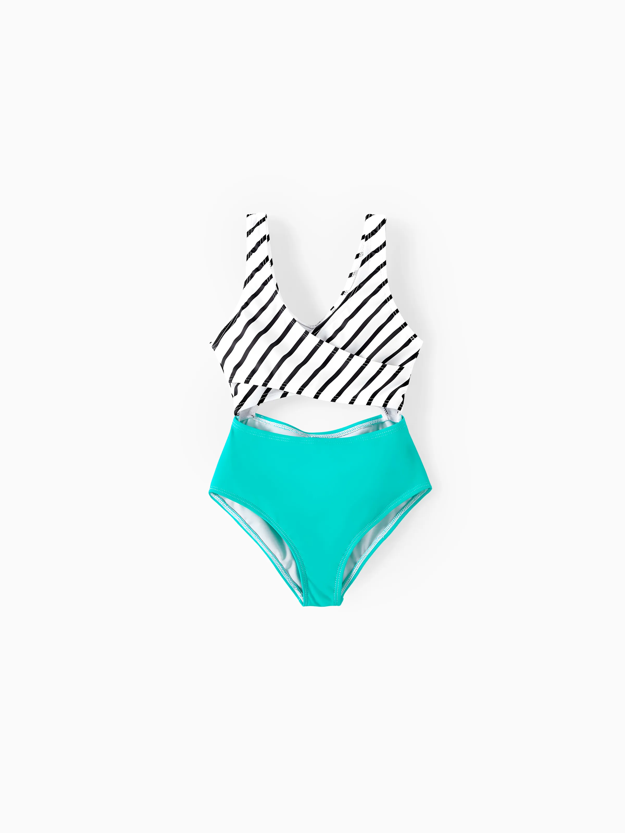 Family Matching Striped Spliced Cut Out One-piece Swimsuit and Colorblock Swim Trunks Green/White - Image 8