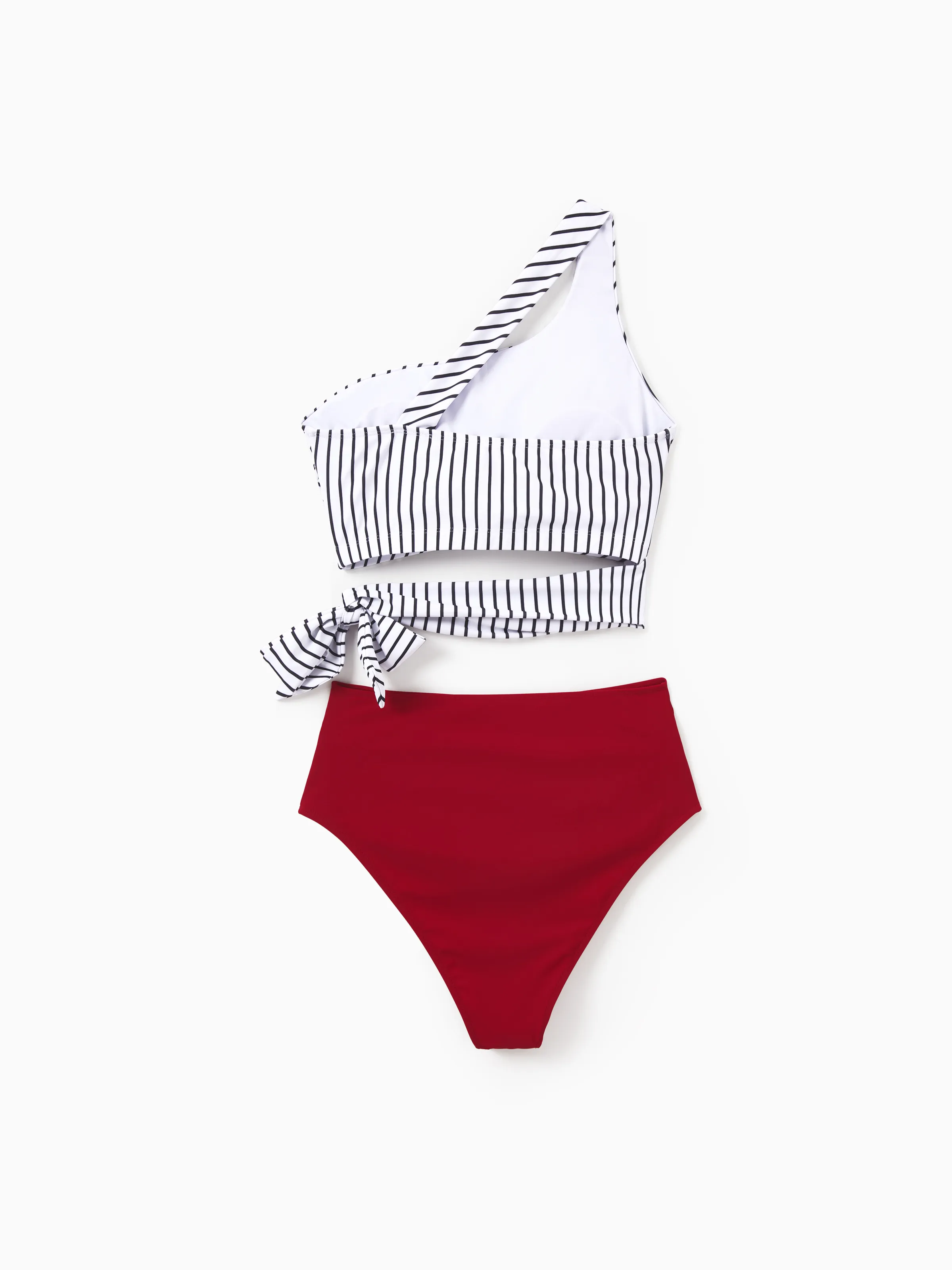 Family Matching Swimsuits Red Striped One-Shoulder Bikini or Colorblock Swim Trunks Matching Beachwear Outfits for Summer, Cruise, Vacation Red - Image 3