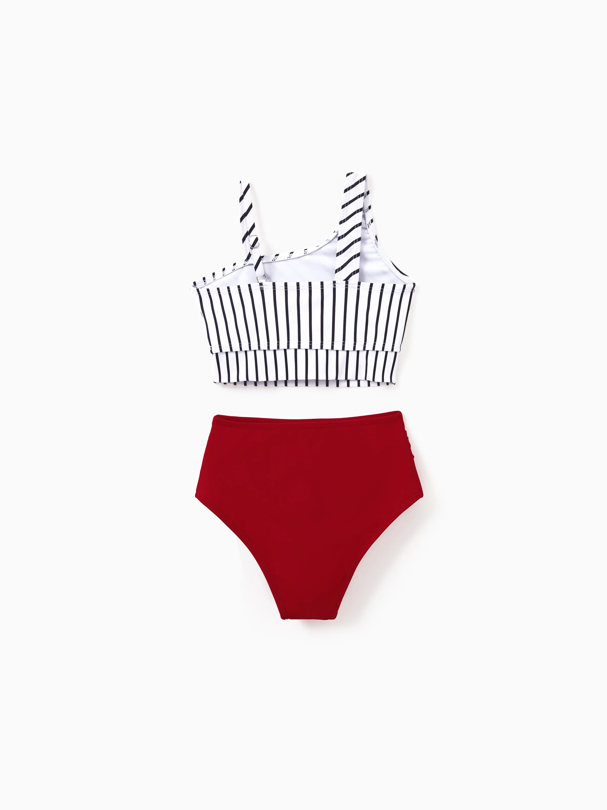 Family Matching Swimsuits Red Striped One-Shoulder Bikini or Colorblock Swim Trunks Matching Beachwear Outfits for Summer, Cruise, Vacation Red - Image 8