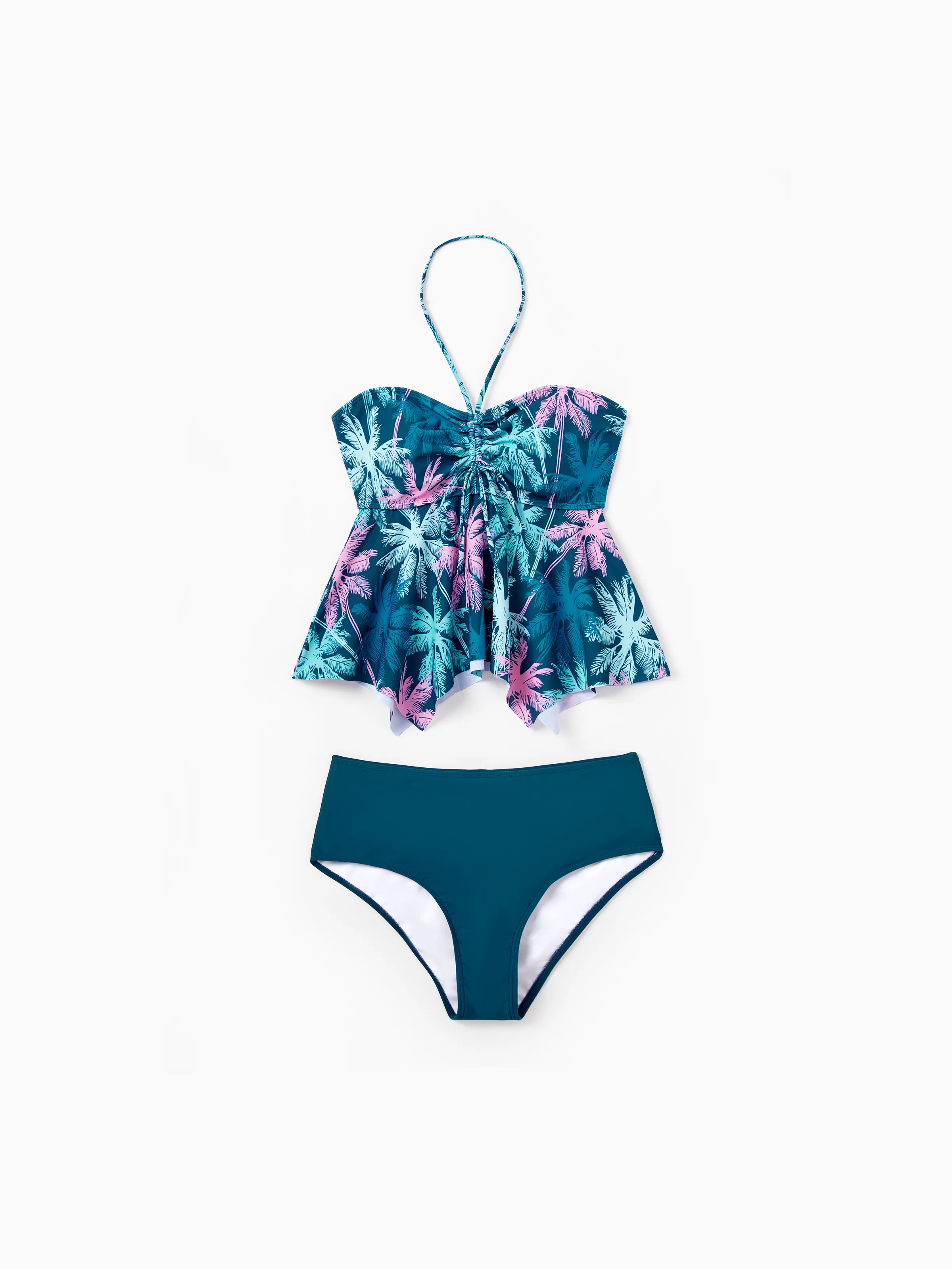 Family Matching Swimsuits Tropical Palm Tree Print, Mommy and Me Ruffle two-piece Swimsuit, Daddy and Son Swim Trunks Set, Beach Vacation Swimwear Turquoise - Image 5