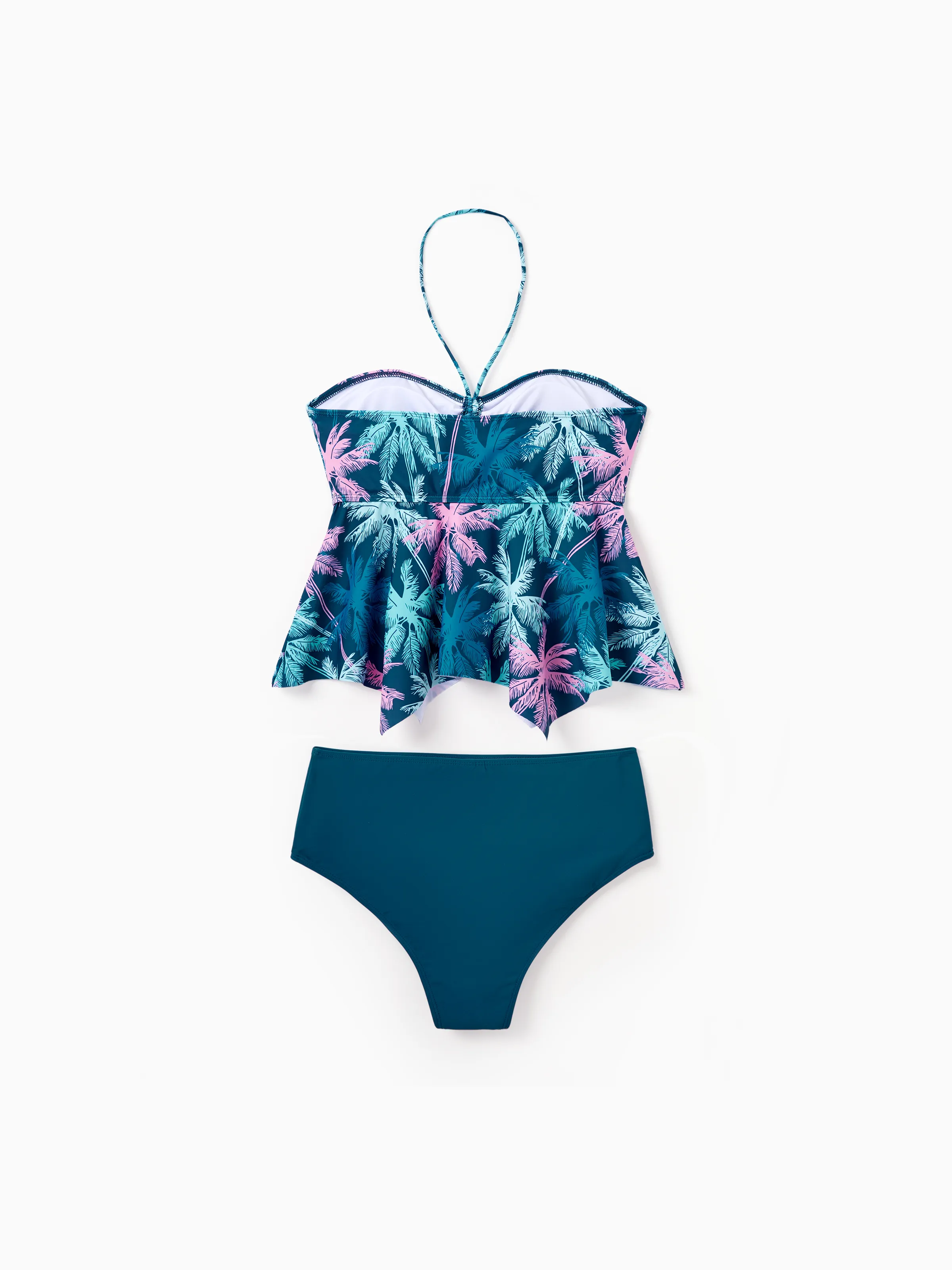 Family Matching Swimsuits Tropical Palm Tree Print, Mommy and Me Ruffle two-piece Swimsuit, Daddy and Son Swim Trunks Set, Beach Vacation Swimwear Turquoise - Image 6