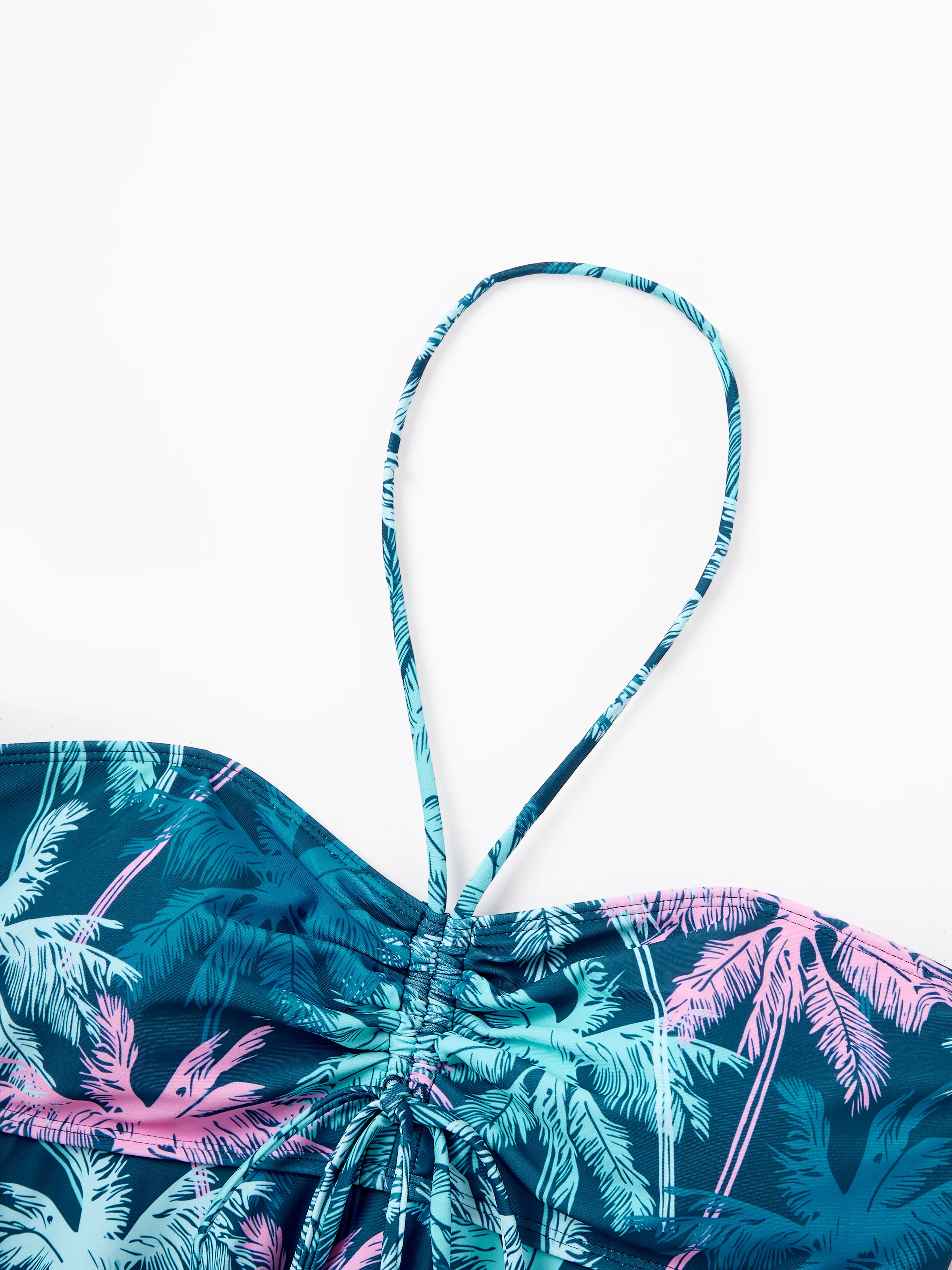 Family Matching Swimsuits Tropical Palm Tree Print, Mommy and Me Ruffle two-piece Swimsuit, Daddy and Son Swim Trunks Set, Beach Vacation Swimwear Turquoise - Image 7
