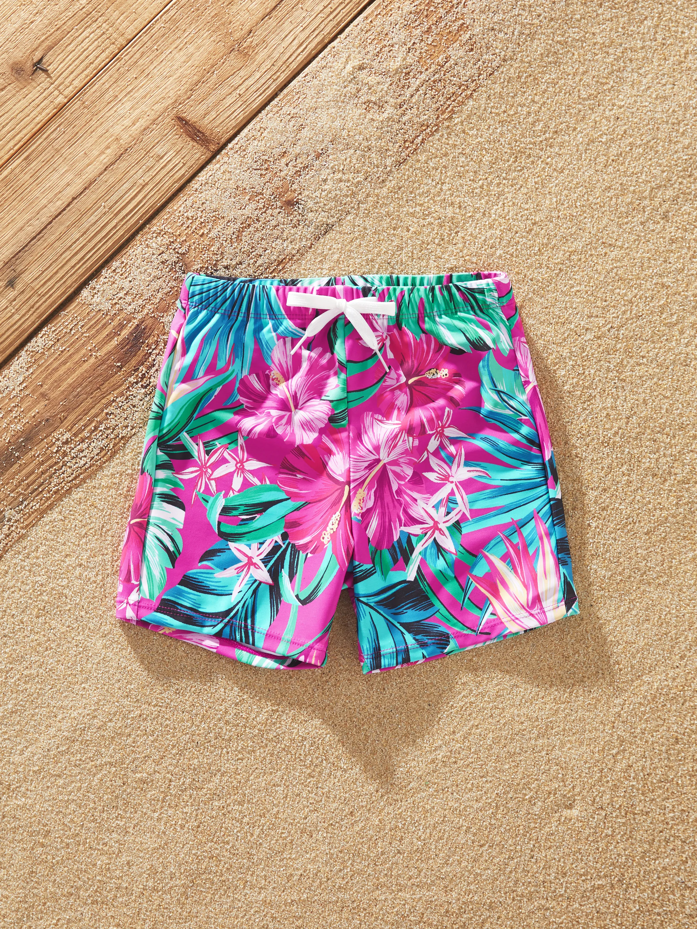 Family Matching Swimsuits Tropical Pink Leaf Print Halter One-Piece Swimwear or Swim Trunks Set Pink - Image 12