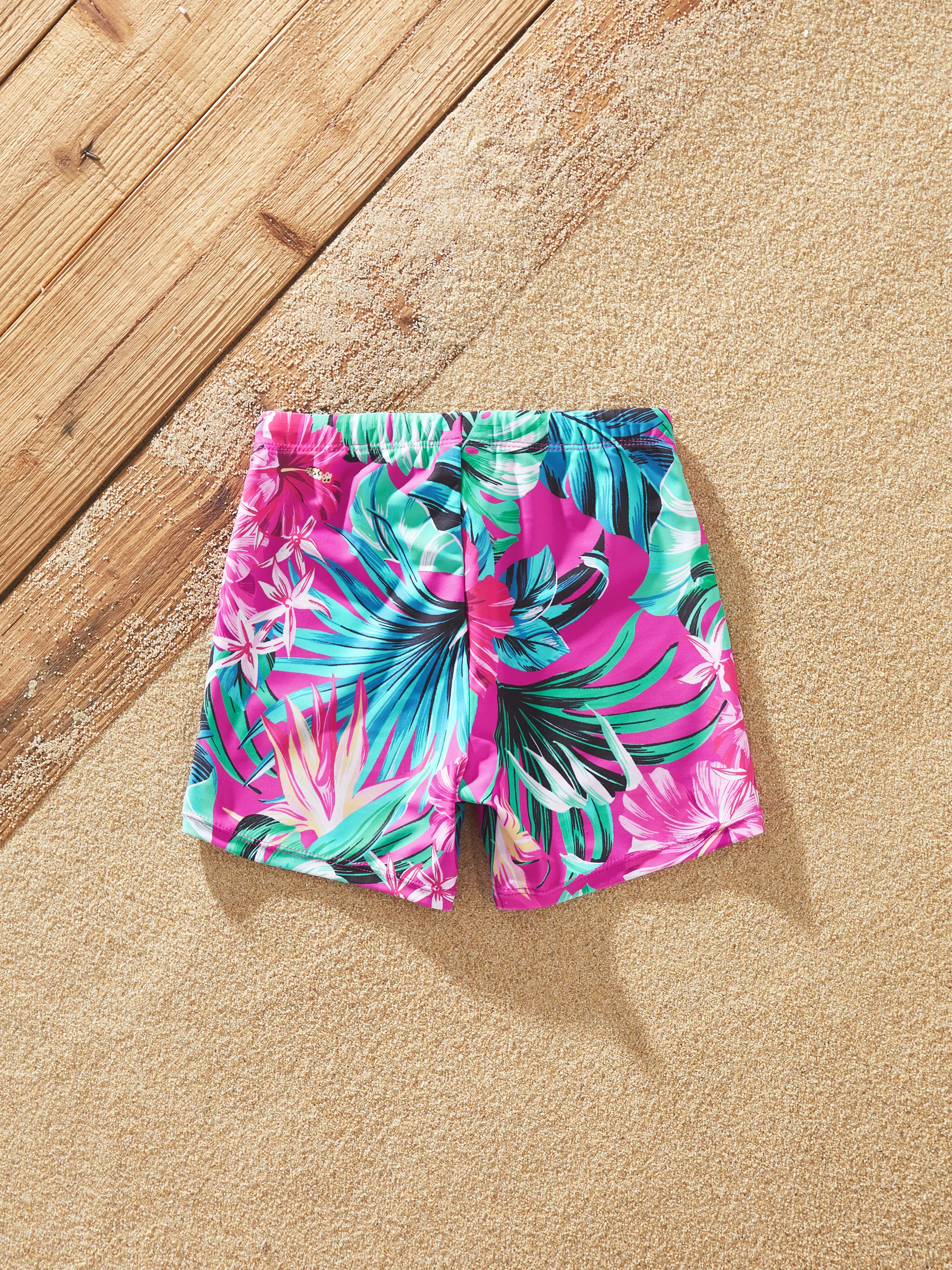 Family Matching Swimsuits Tropical Pink Leaf Print Halter One-Piece Swimwear or Swim Trunks Set Pink - Image 13