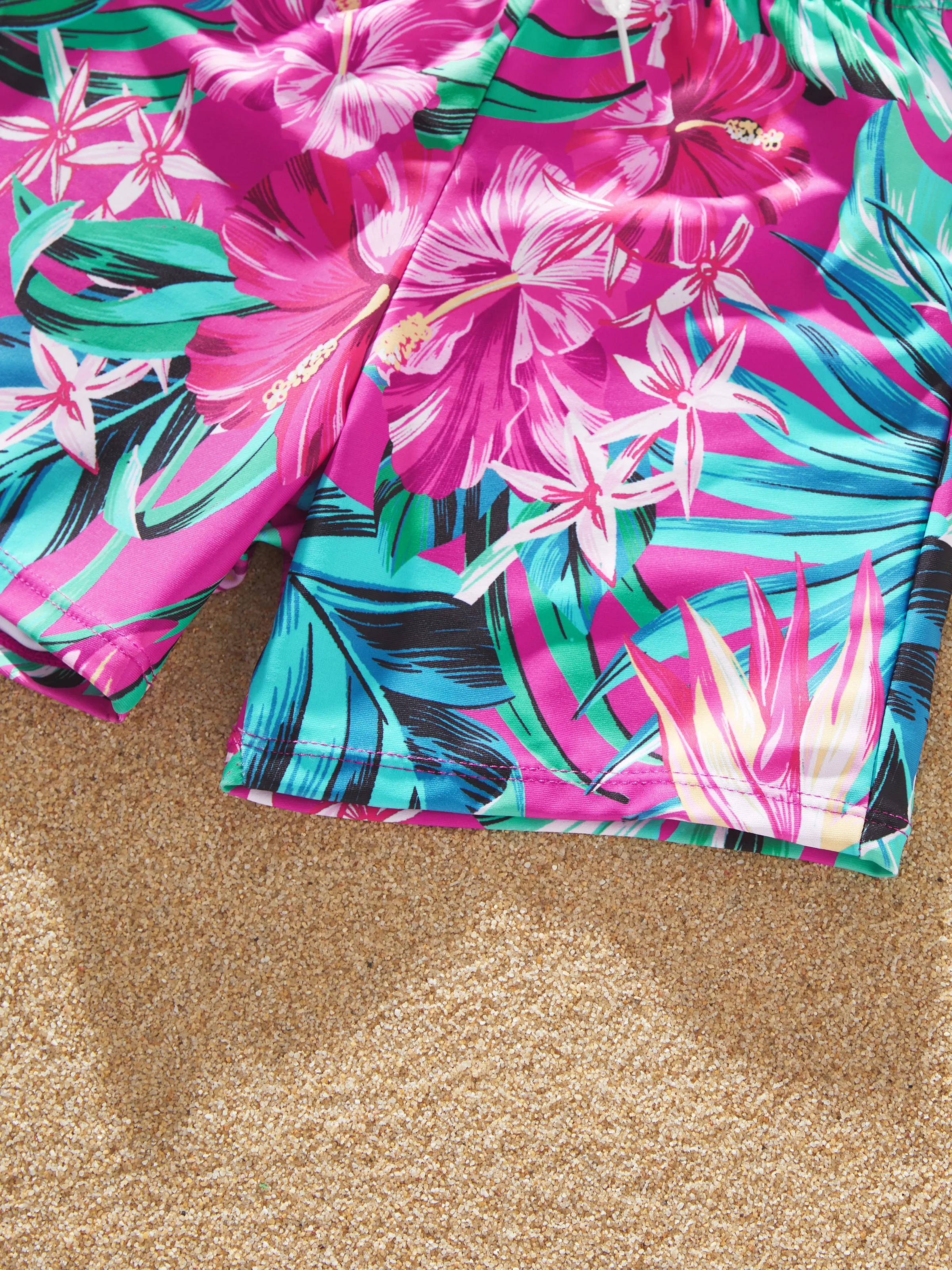 Family Matching Swimsuits Tropical Pink Leaf Print Halter One-Piece Swimwear or Swim Trunks Set Pink - Image 15