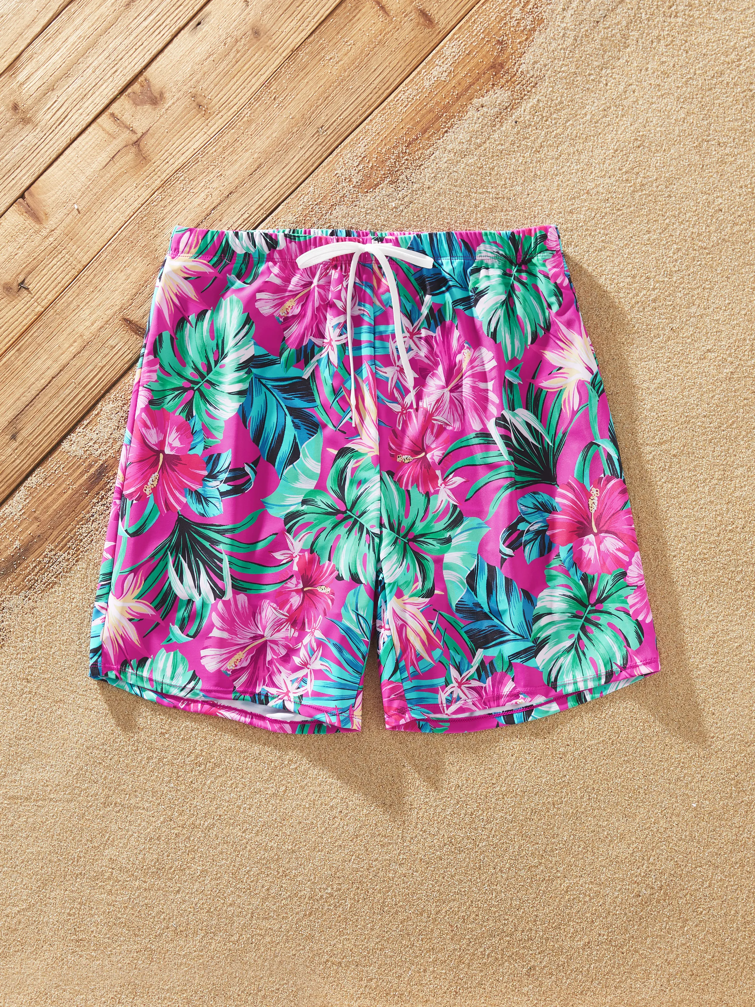 Family Matching Swimsuits Tropical Pink Leaf Print Halter One-Piece Swimwear or Swim Trunks Set Pink - Image 16