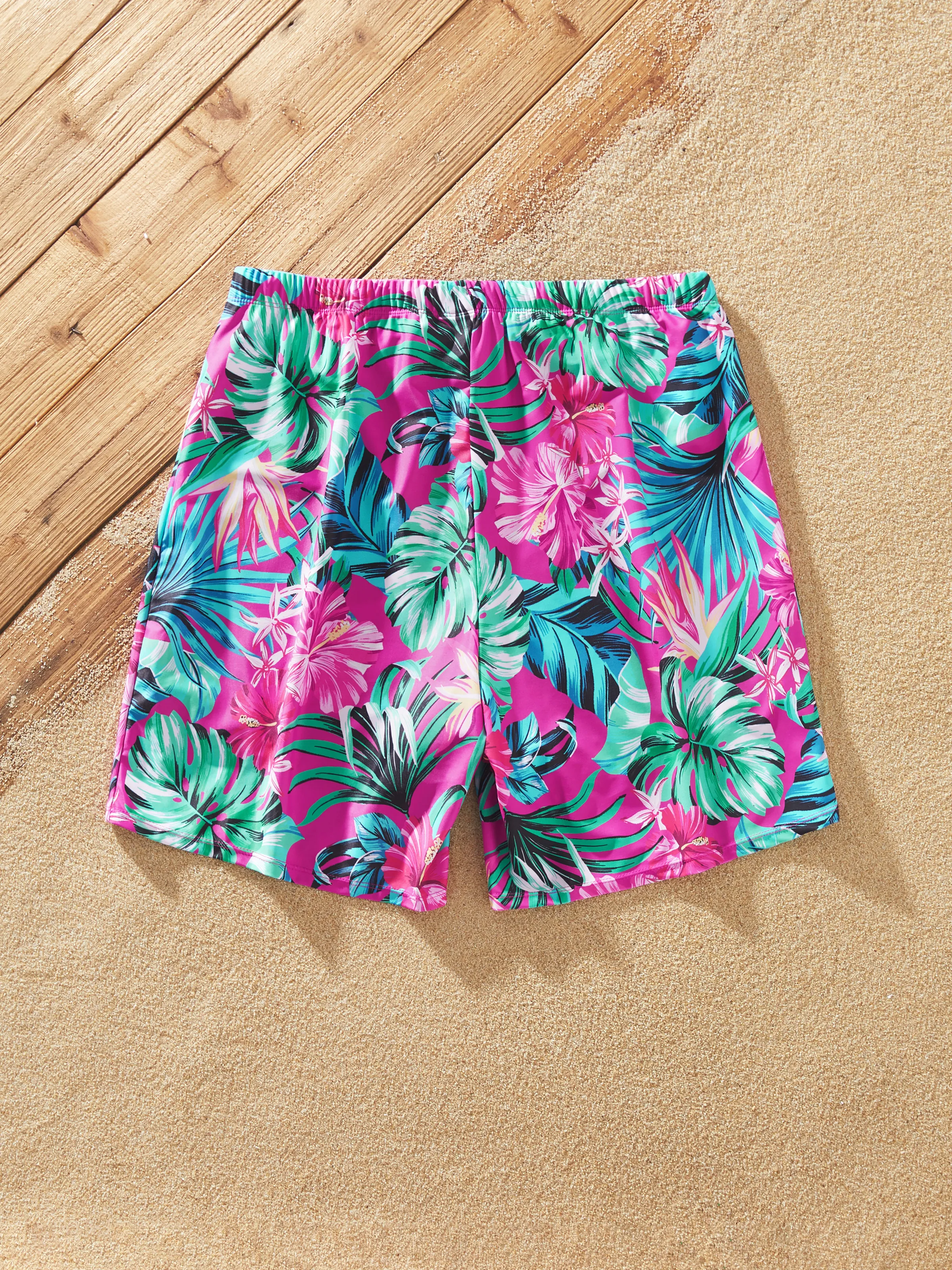 Family Matching Swimsuits Tropical Pink Leaf Print Halter One-Piece Swimwear or Swim Trunks Set Pink - Image 17