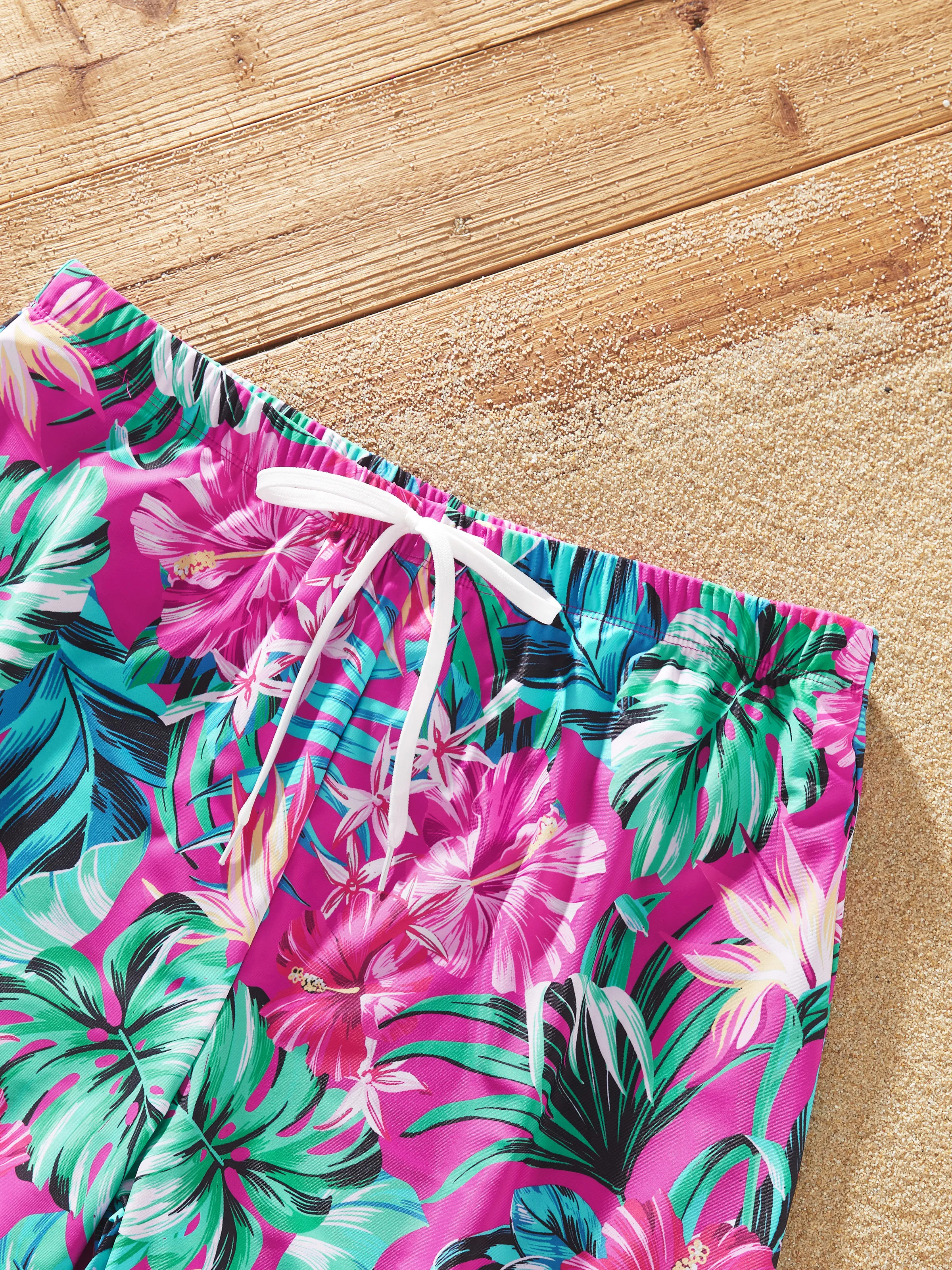 Family Matching Swimsuits Tropical Pink Leaf Print Halter One-Piece Swimwear or Swim Trunks Set Pink - Image 18