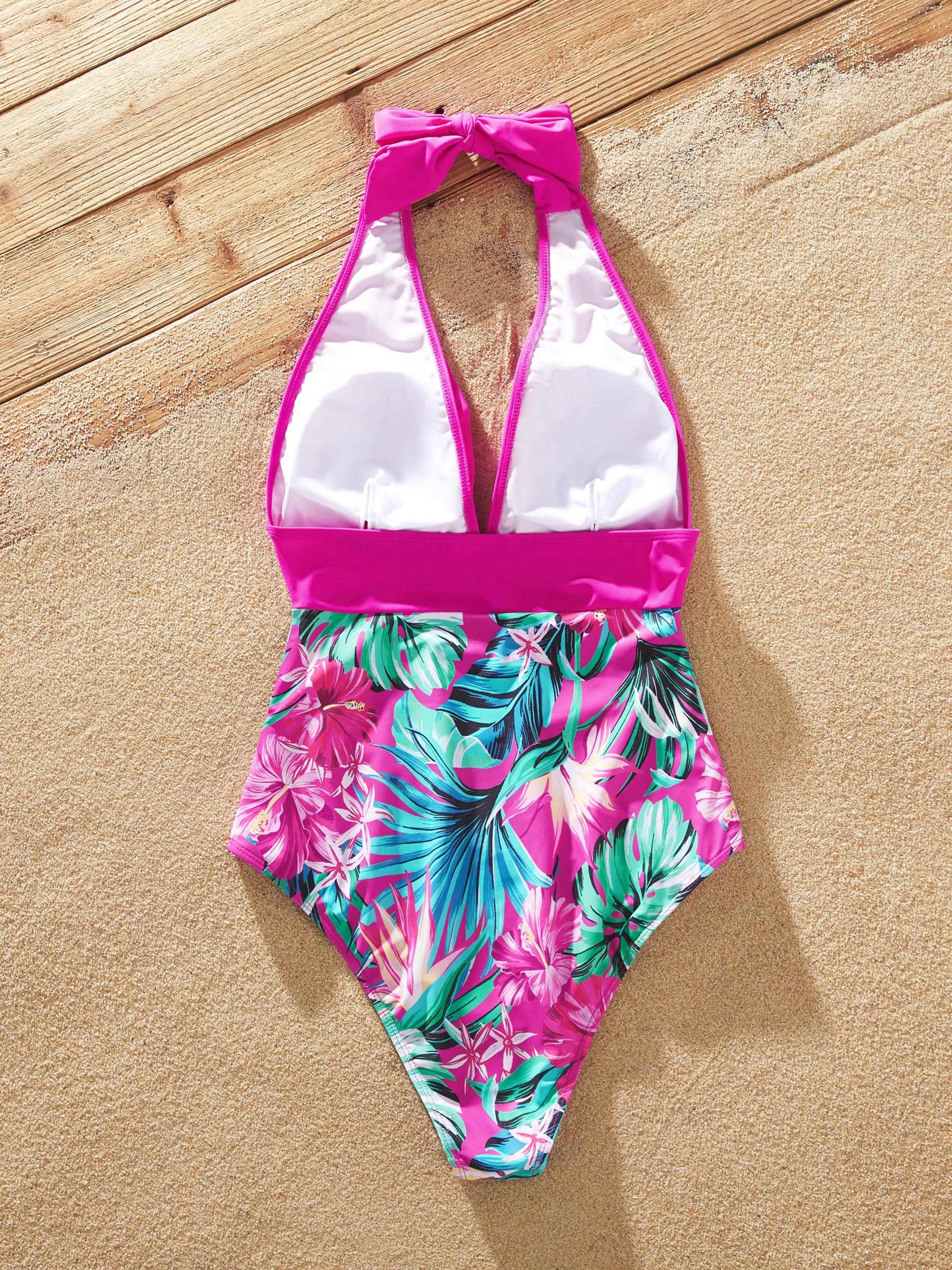 Family Matching Swimsuits Tropical Pink Leaf Print Halter One-Piece Swimwear or Swim Trunks Set Pink - Image 3