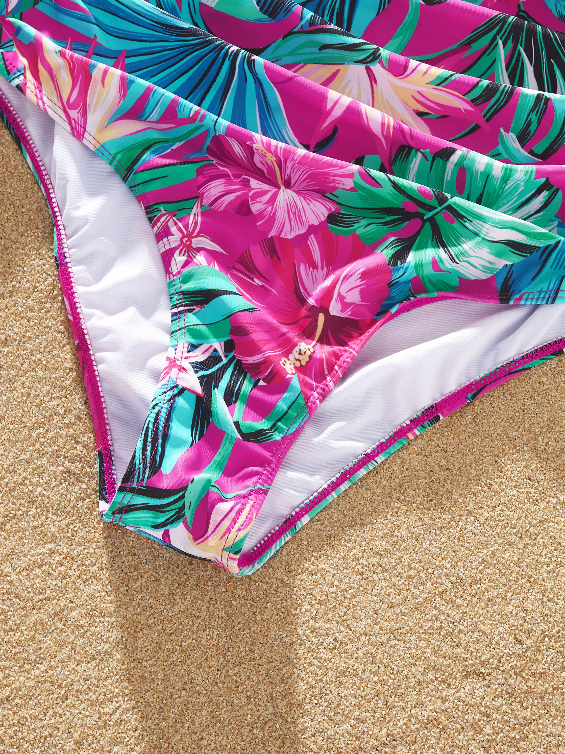 Family Matching Swimsuits Tropical Pink Leaf Print Halter One-Piece Swimwear or Swim Trunks Set Pink - Image 6