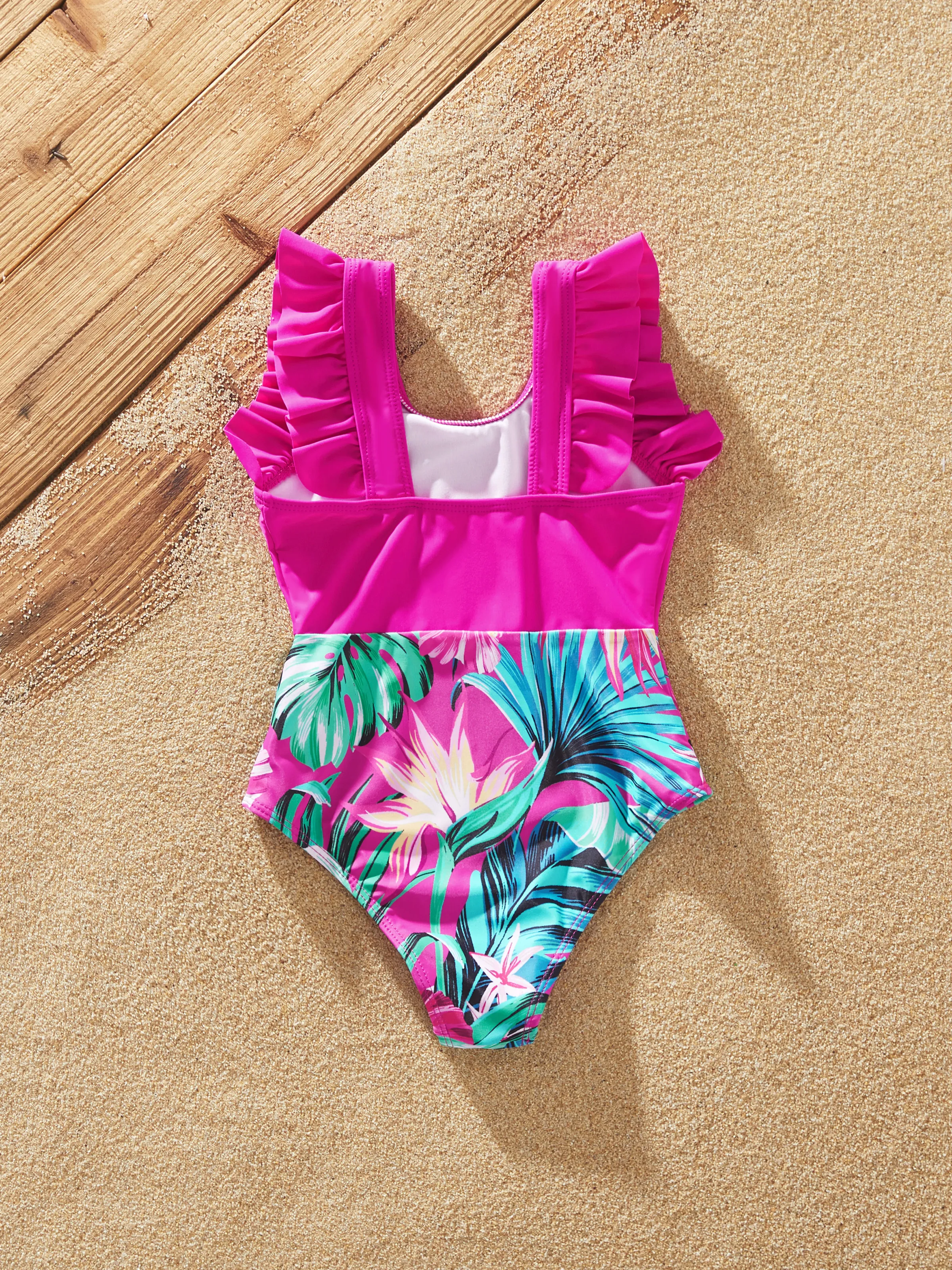 Family Matching Swimsuits Tropical Pink Leaf Print Halter One-Piece Swimwear or Swim Trunks Set Pink - Image 8