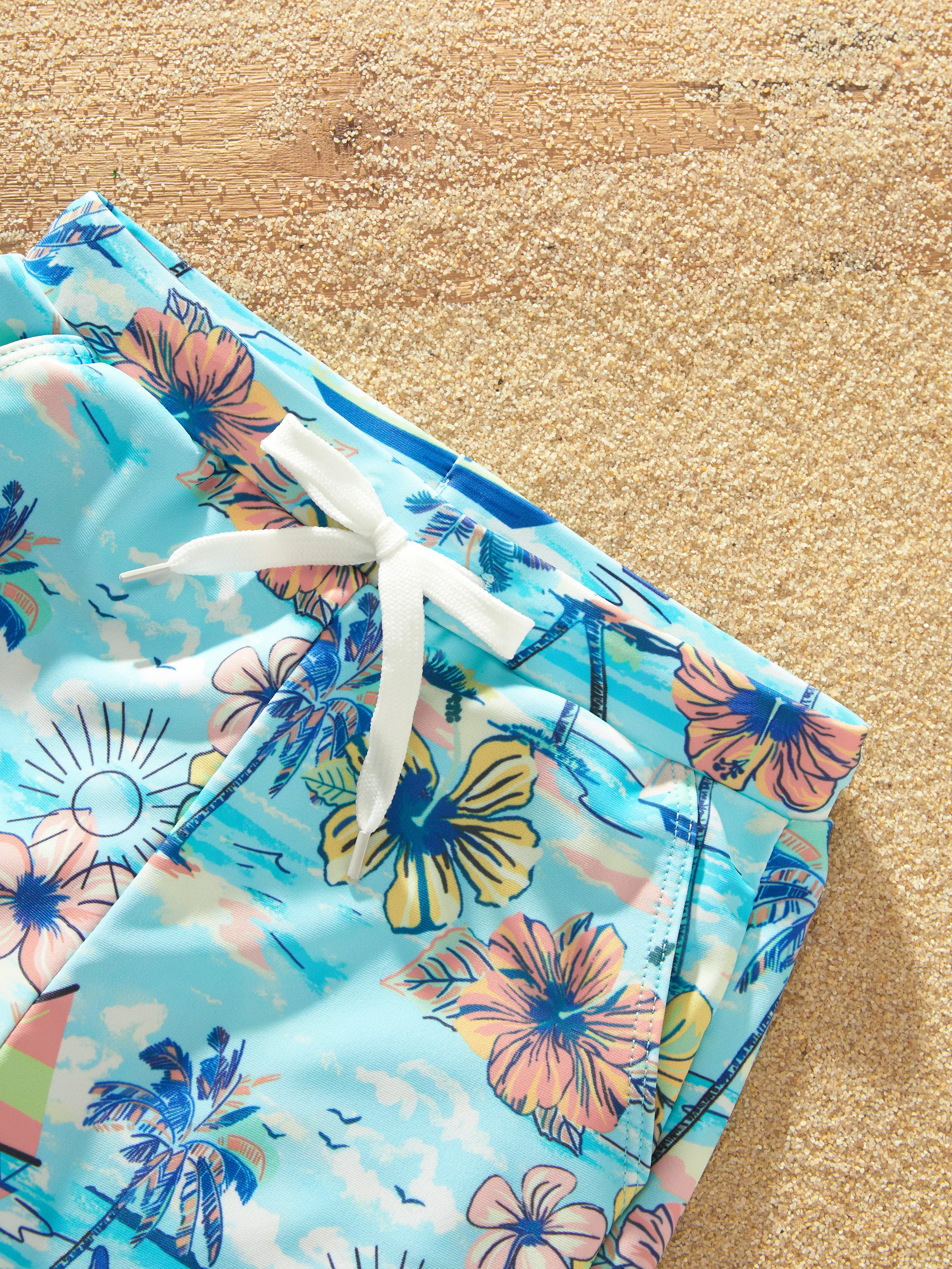 Family Matching Swimwear Tropical Print, Mommy Tie-front Cutout One-piece Swimsuit, Girl two-piece Swimsuit Daddy & Son Swim Trunks Set for Summer Beach Vacation Light Blue - Image 21