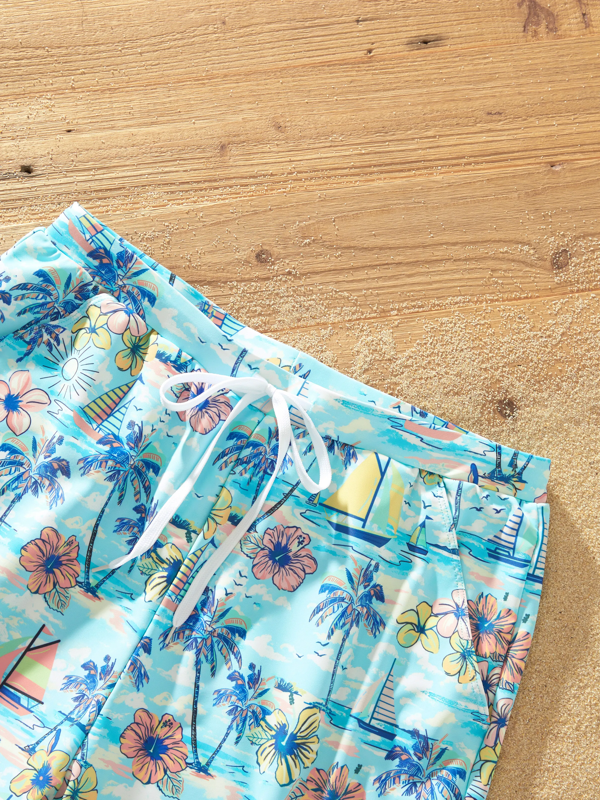 Family Matching Swimwear Tropical Print, Mommy Tie-front Cutout One-piece Swimsuit, Girl two-piece Swimsuit Daddy & Son Swim Trunks Set for Summer Beach Vacation Light Blue - Image 28