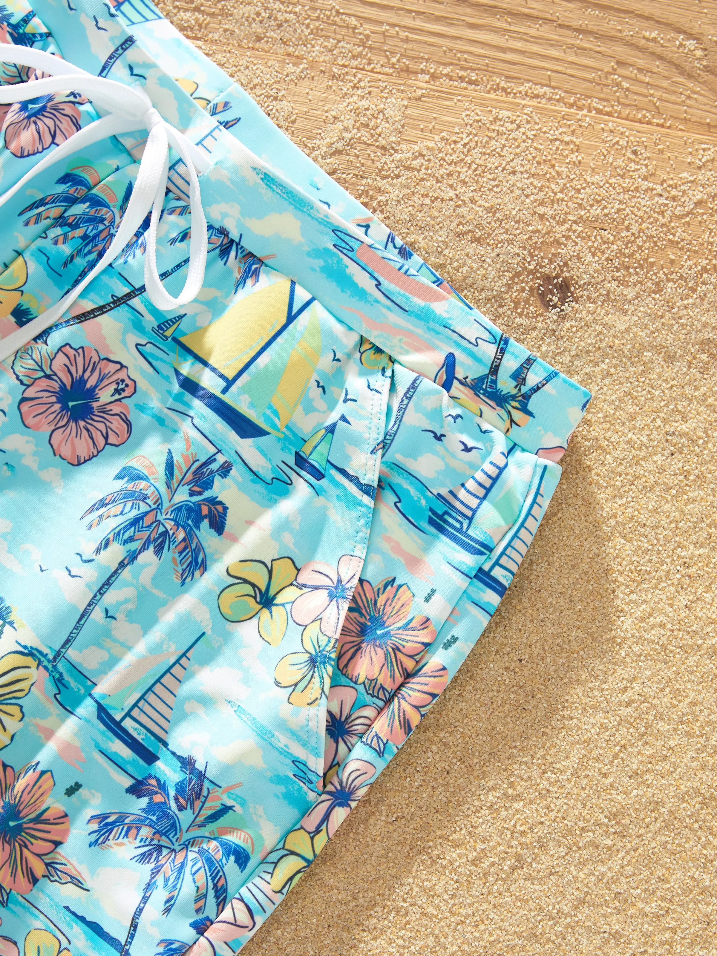 Family Matching Swimwear Tropical Print, Mommy Tie-front Cutout One-piece Swimsuit, Girl two-piece Swimsuit Daddy & Son Swim Trunks Set for Summer Beach Vacation Light Blue - Image 29