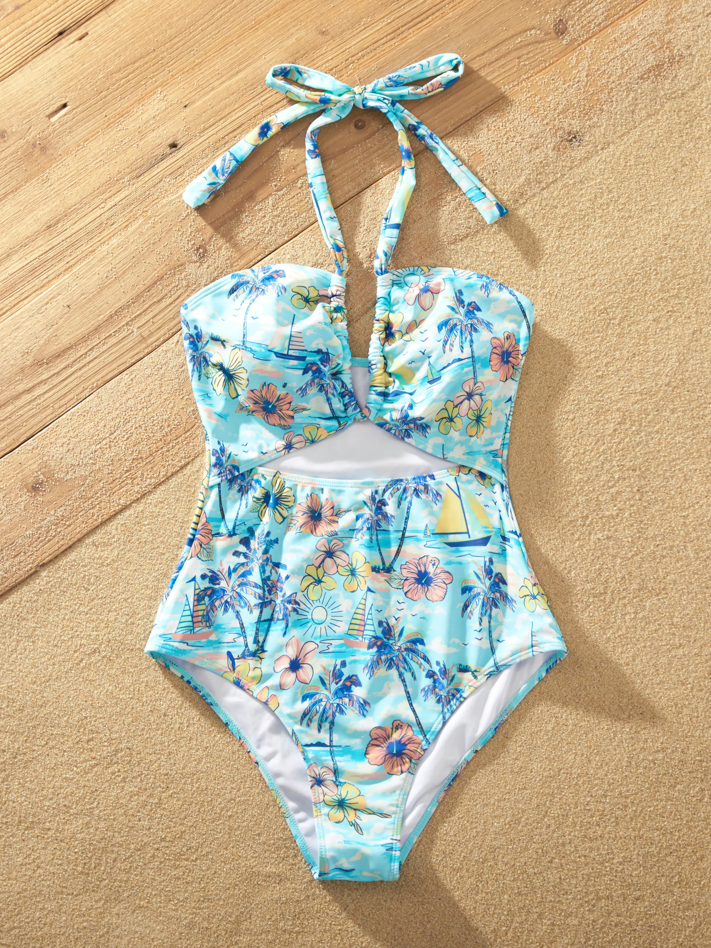 Family Matching Swimwear Tropical Print, Mommy Tie-front Cutout One-piece Swimsuit, Girl two-piece Swimsuit Daddy & Son Swim Trunks Set for Summer Beach Vacation Light Blue - Image 5