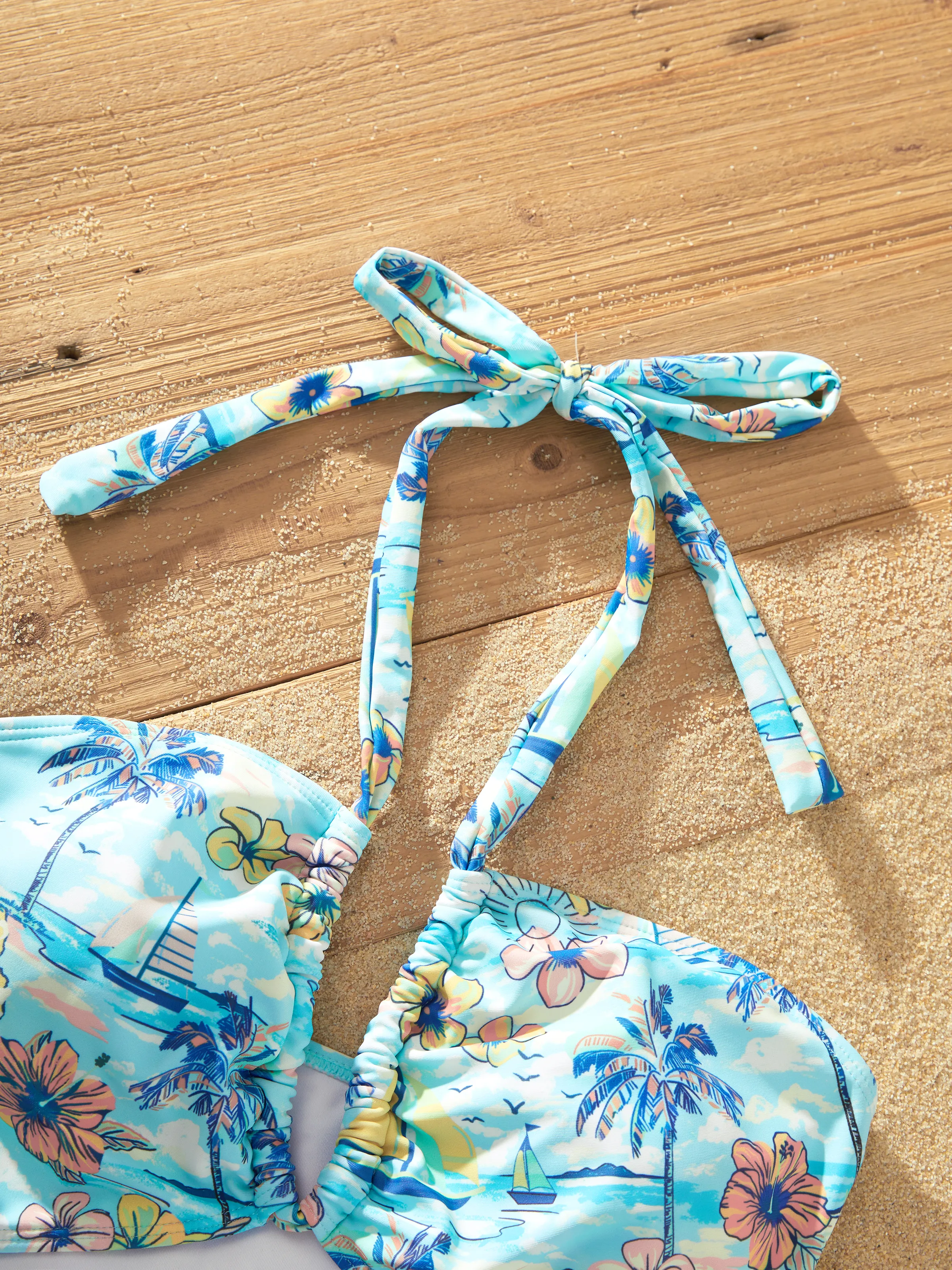 Family Matching Swimwear Tropical Print, Mommy Tie-front Cutout One-piece Swimsuit, Girl two-piece Swimsuit Daddy & Son Swim Trunks Set for Summer Beach Vacation Light Blue - Image 7