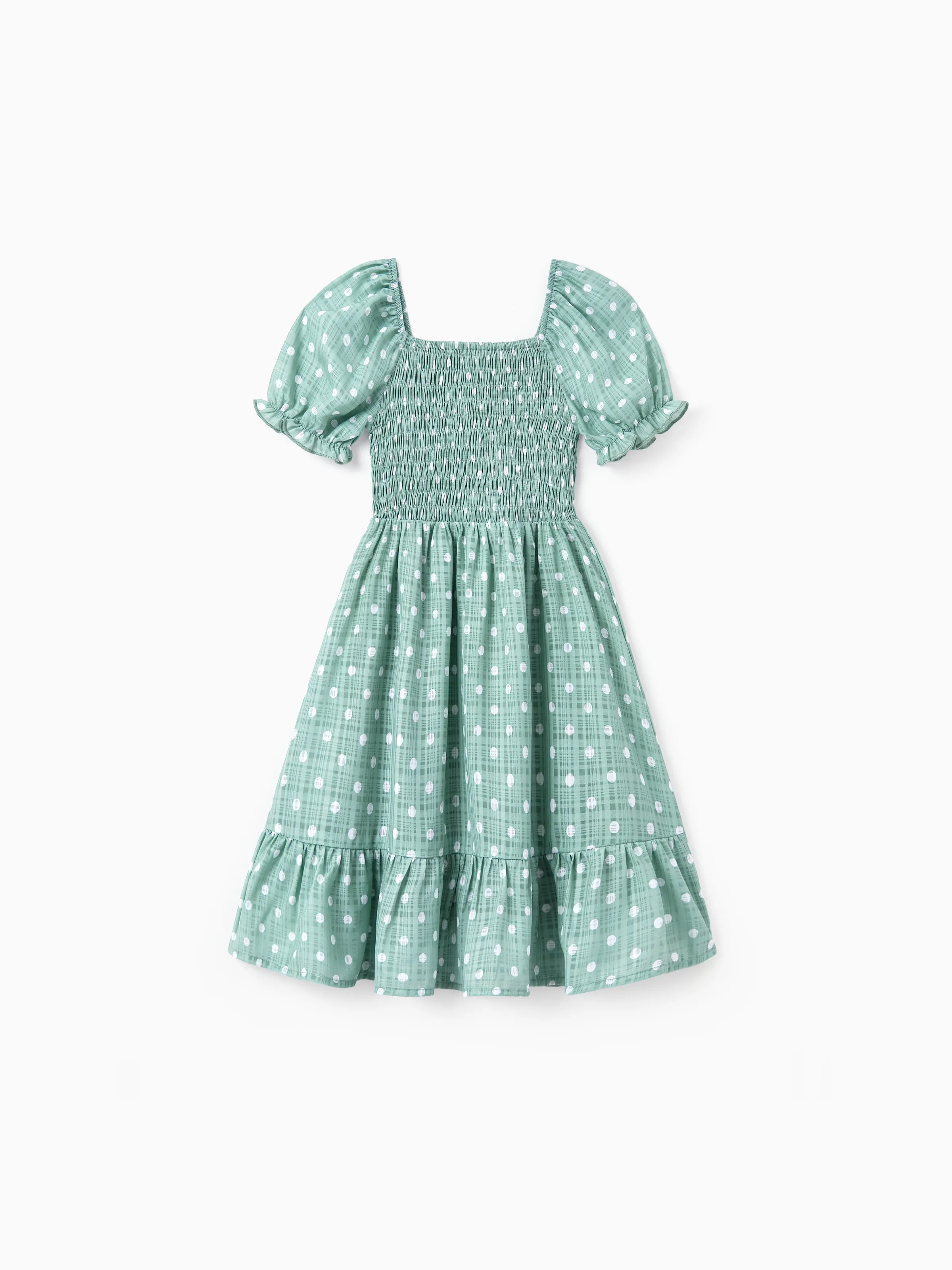 Family Matching T-Shirt & Dress Set Polka Dot Puff-sleeve Dress for Mom, Daughter & Baby, Color Block Cotton Tee for Dad & Son, Perfect for Family Outings & Photos Light Green - Image 14