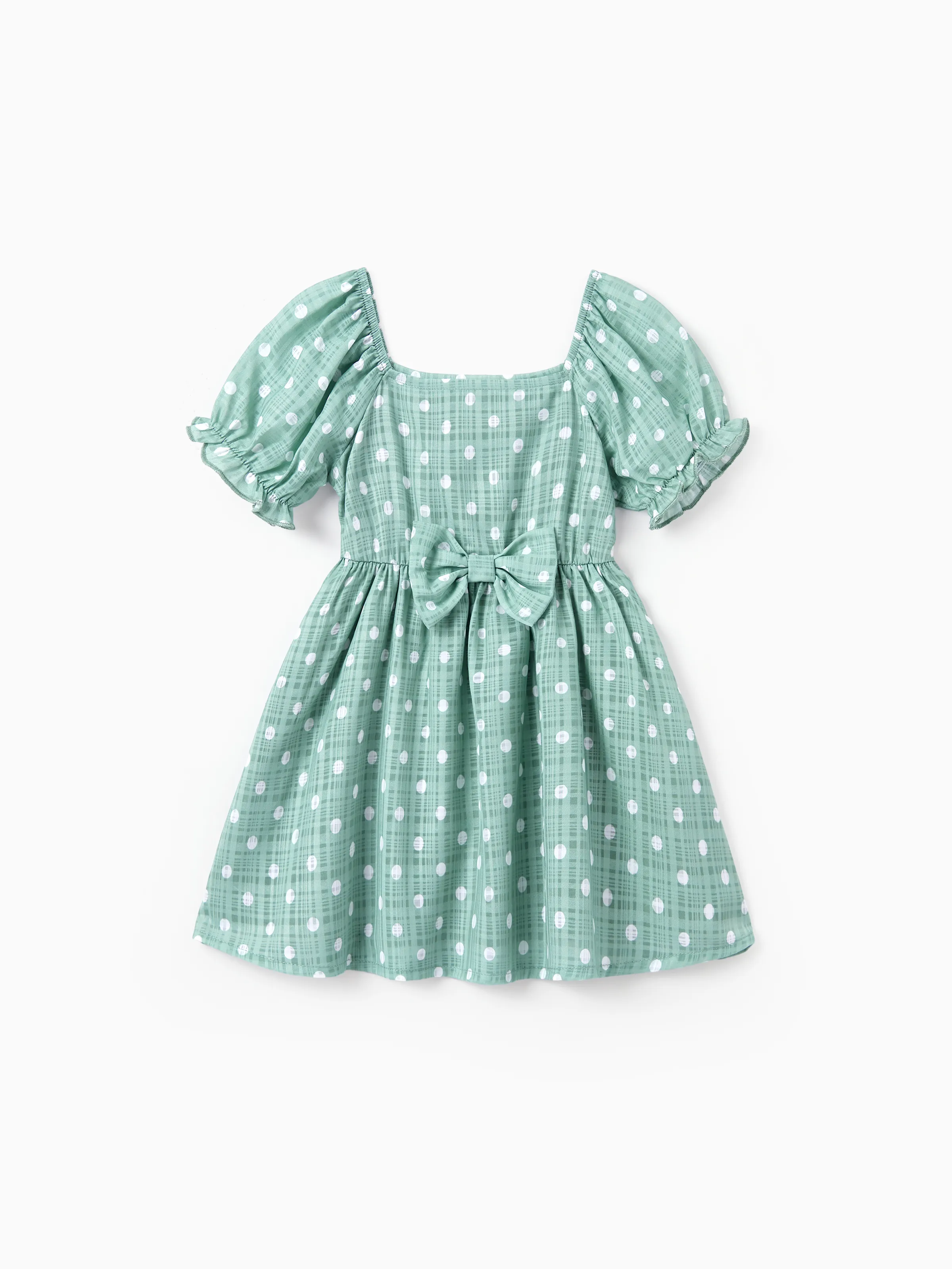 Family Matching T-Shirt & Dress Set Polka Dot Puff-sleeve Dress for Mom, Daughter & Baby, Color Block Cotton Tee for Dad & Son, Perfect for Family Outings & Photos Light Green - Image 18
