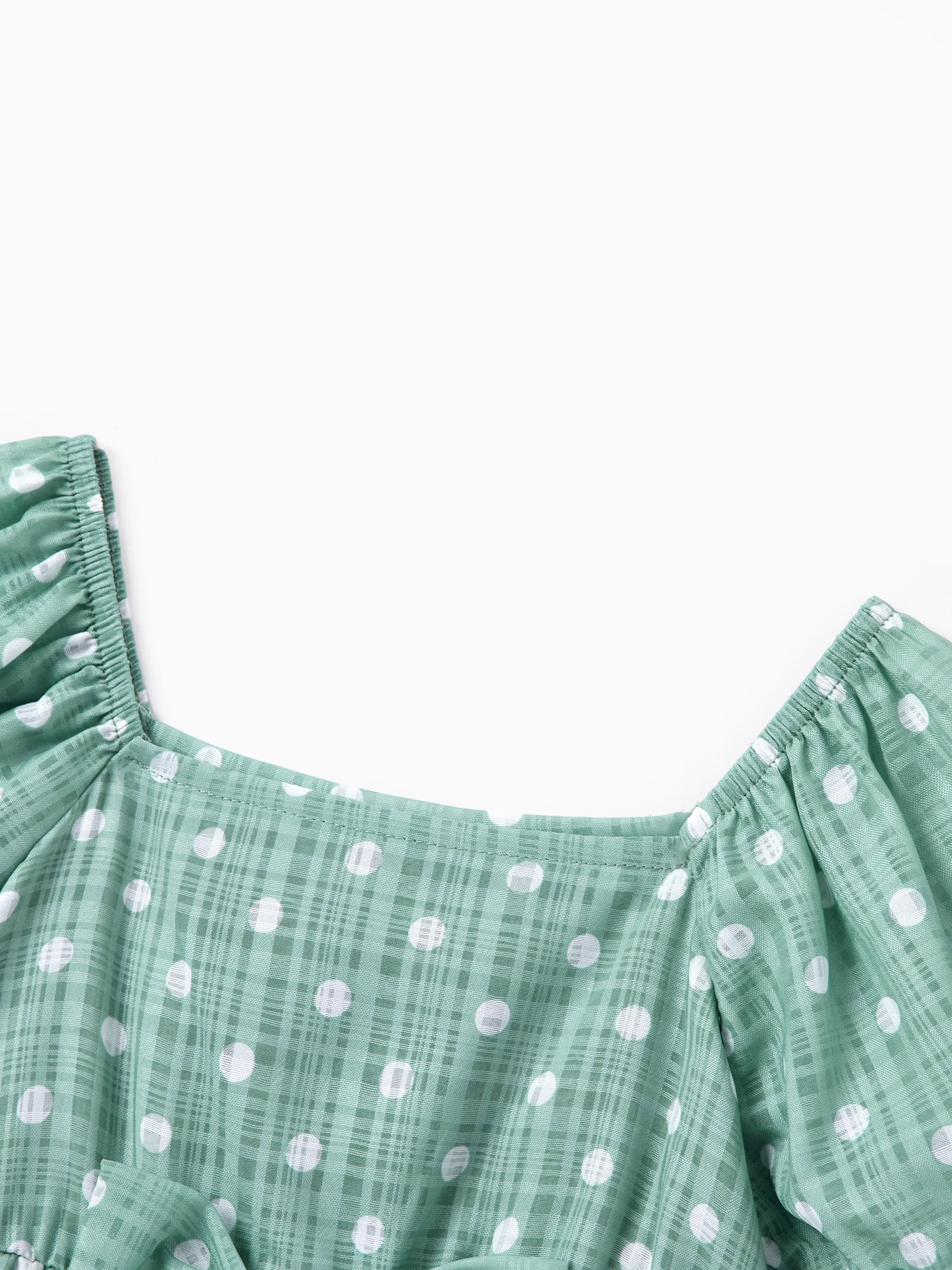 Family Matching T-Shirt & Dress Set Polka Dot Puff-sleeve Dress for Mom, Daughter & Baby, Color Block Cotton Tee for Dad & Son, Perfect for Family Outings & Photos Light Green - Image 20