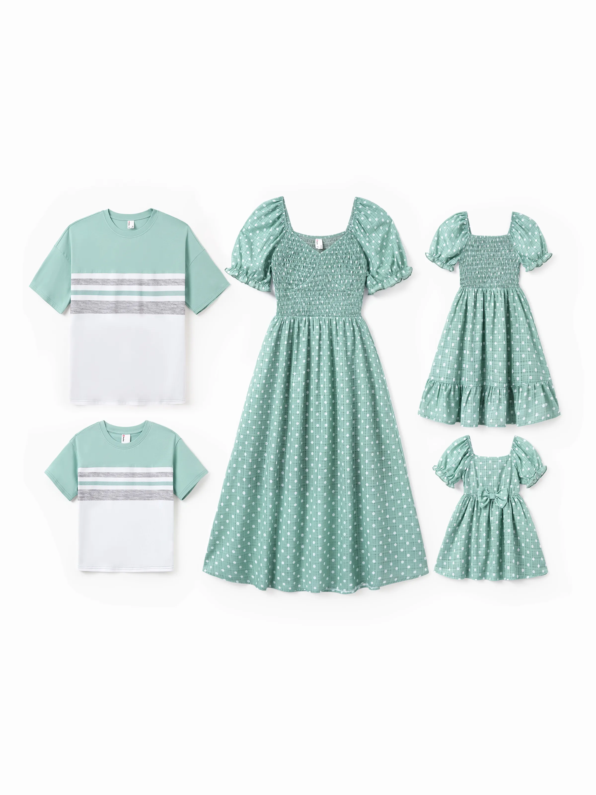 Family Matching T-Shirt & Dress Set Polka Dot Puff-sleeve Dress for Mom, Daughter & Baby, Color Block Cotton Tee for Dad & Son, Perfect for Family Outings & Photos Light Green - Image 3