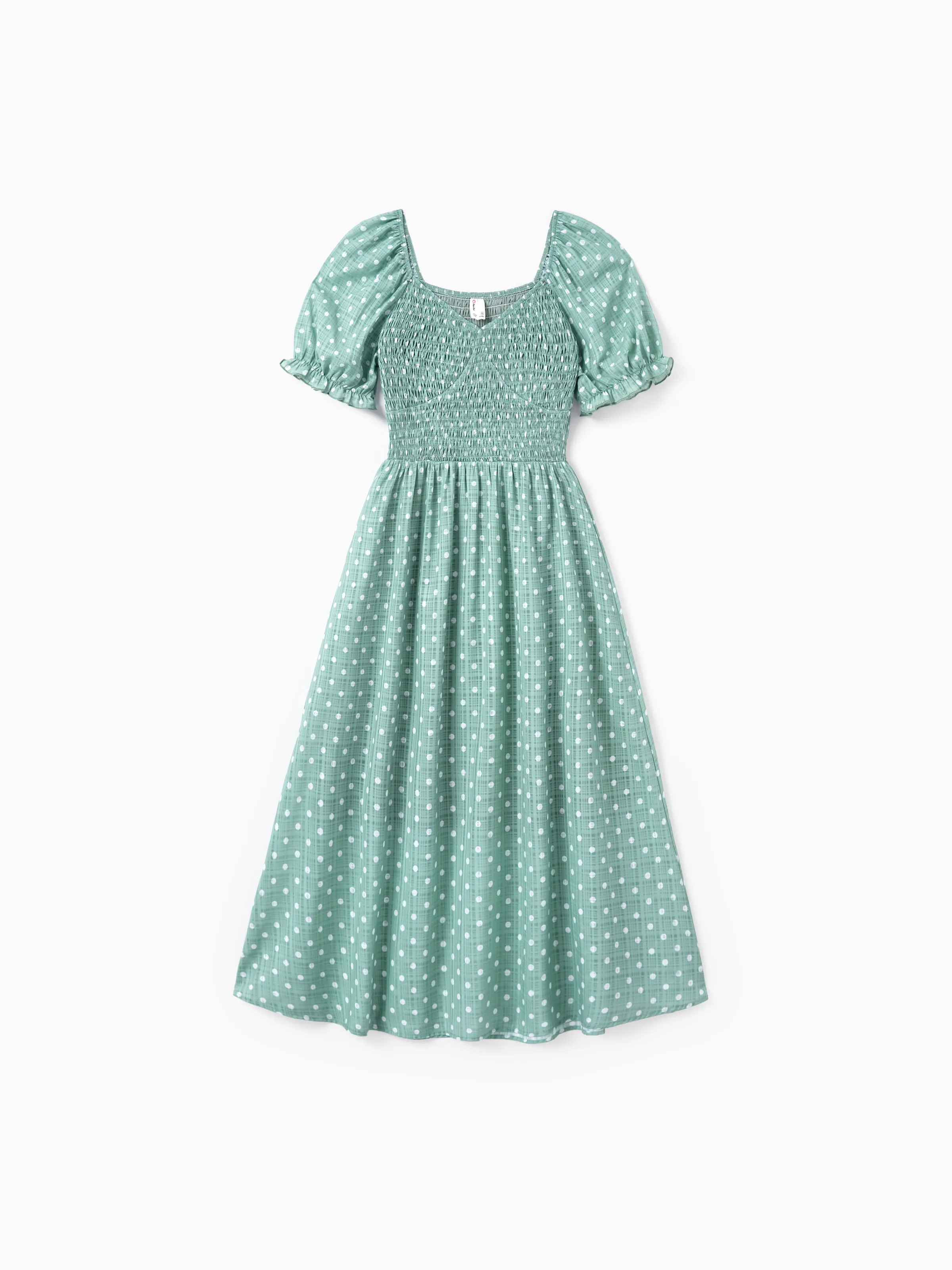 Family Matching T-Shirt & Dress Set Polka Dot Puff-sleeve Dress for Mom, Daughter & Baby, Color Block Cotton Tee for Dad & Son, Perfect for Family Outings & Photos Light Green - Image 6