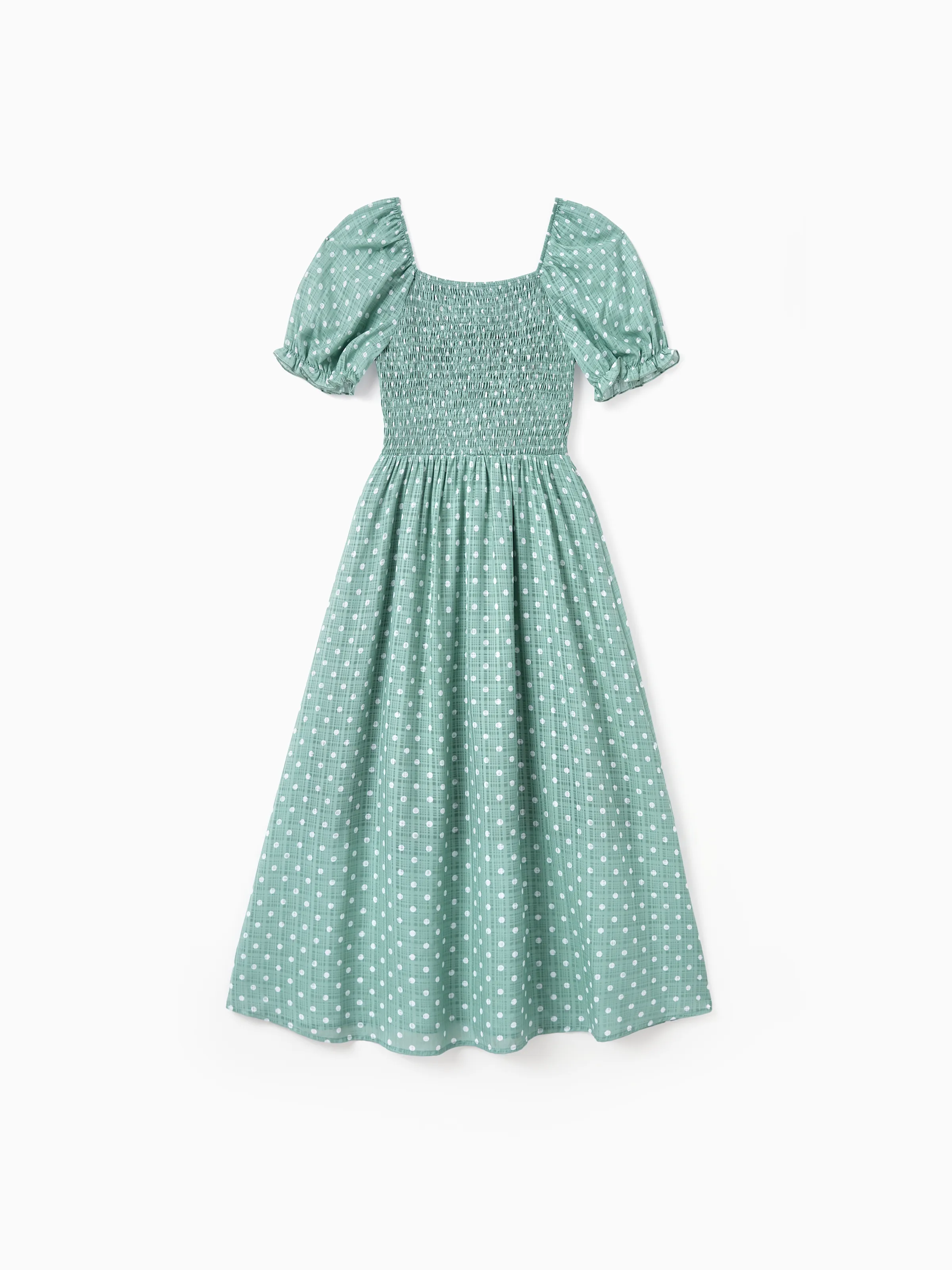 Family Matching T-Shirt & Dress Set Polka Dot Puff-sleeve Dress for Mom, Daughter & Baby, Color Block Cotton Tee for Dad & Son, Perfect for Family Outings & Photos Light Green - Image 7