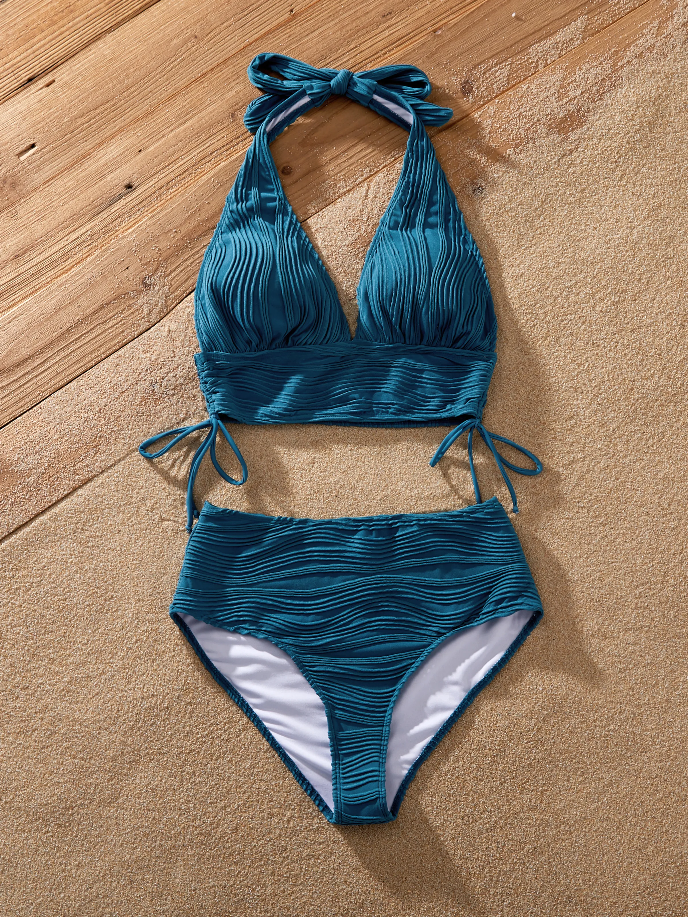 Family Matching Teal Striped Swimsuits Ruched Bikini & Swim Trunks Set Multi-color - Image 2
