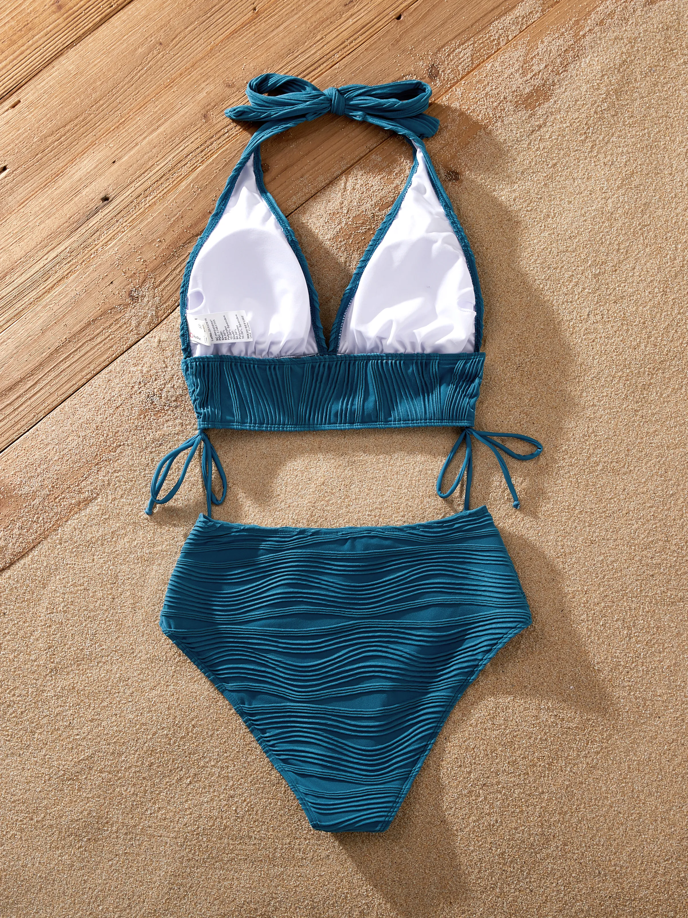 Family Matching Teal Striped Swimsuits Ruched Bikini & Swim Trunks Set Multi-color - Image 3