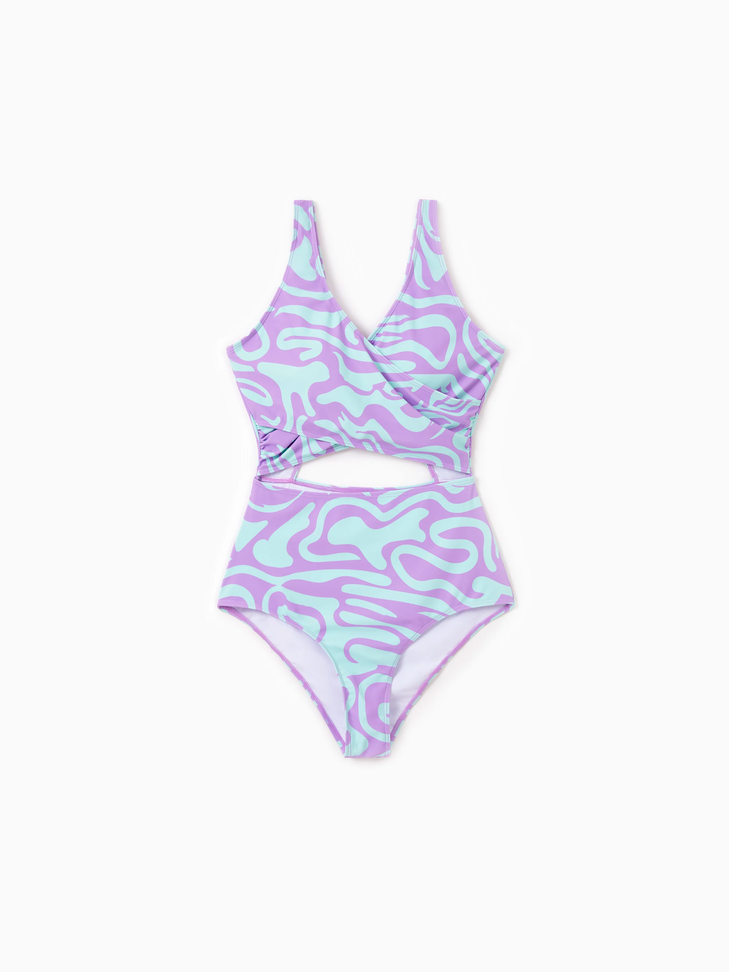 Family Matching Trendy Purple & Blue Wave Print Swim Trunks or Midriff Cutout One-Piece Swimsuit Purple - Image 2