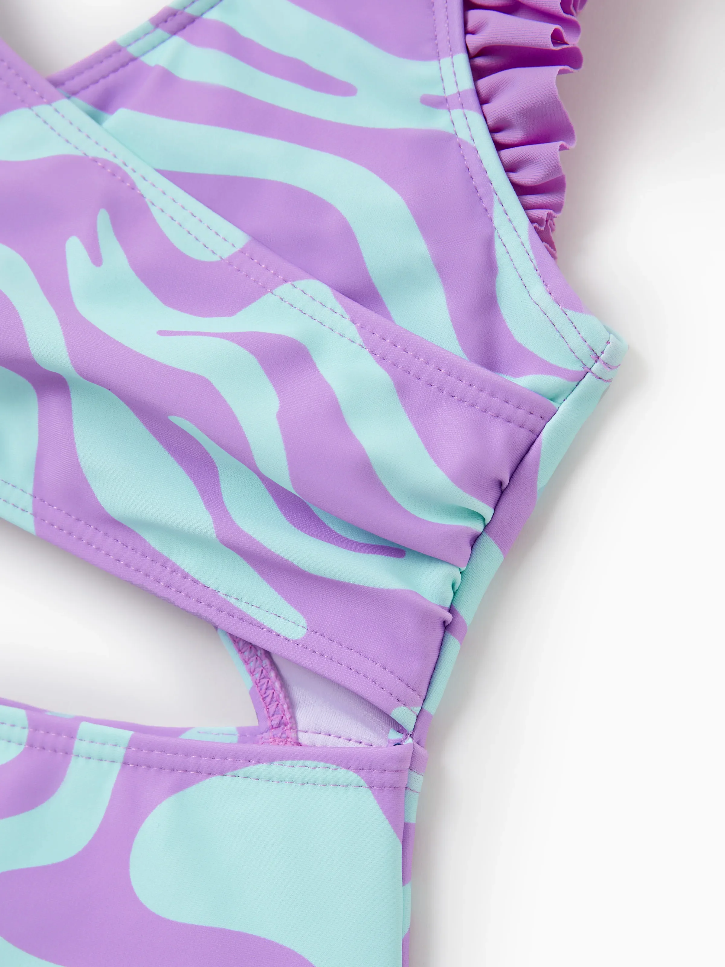 Family Matching Trendy Purple & Blue Wave Print Swim Trunks or Midriff Cutout One-Piece Swimsuit Purple - Image 9
