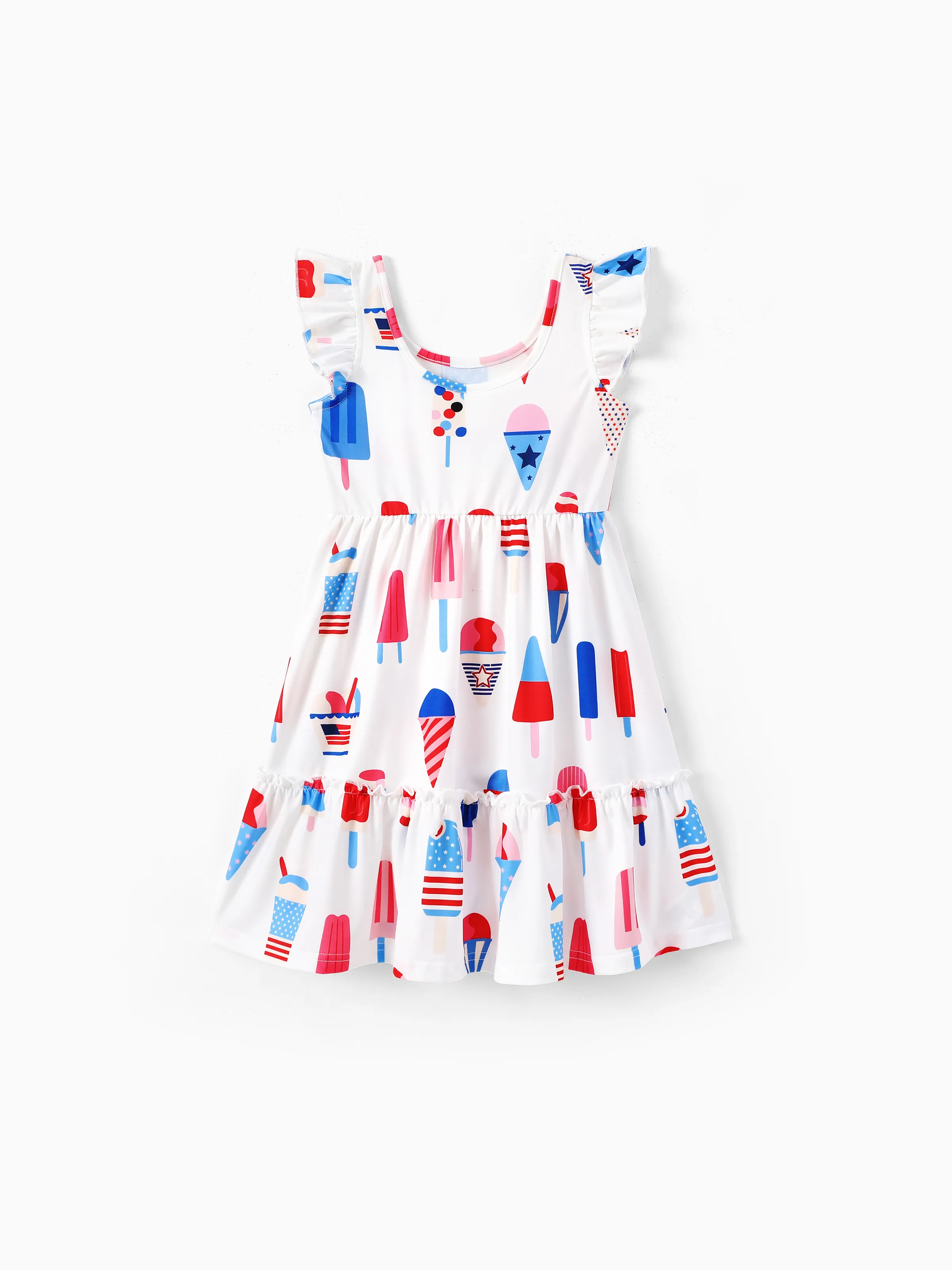 Independence Day Family Matching Patriotic Ice Cream Print Summer Cotton T-shirt & V-Neck Dresses White - Image 13