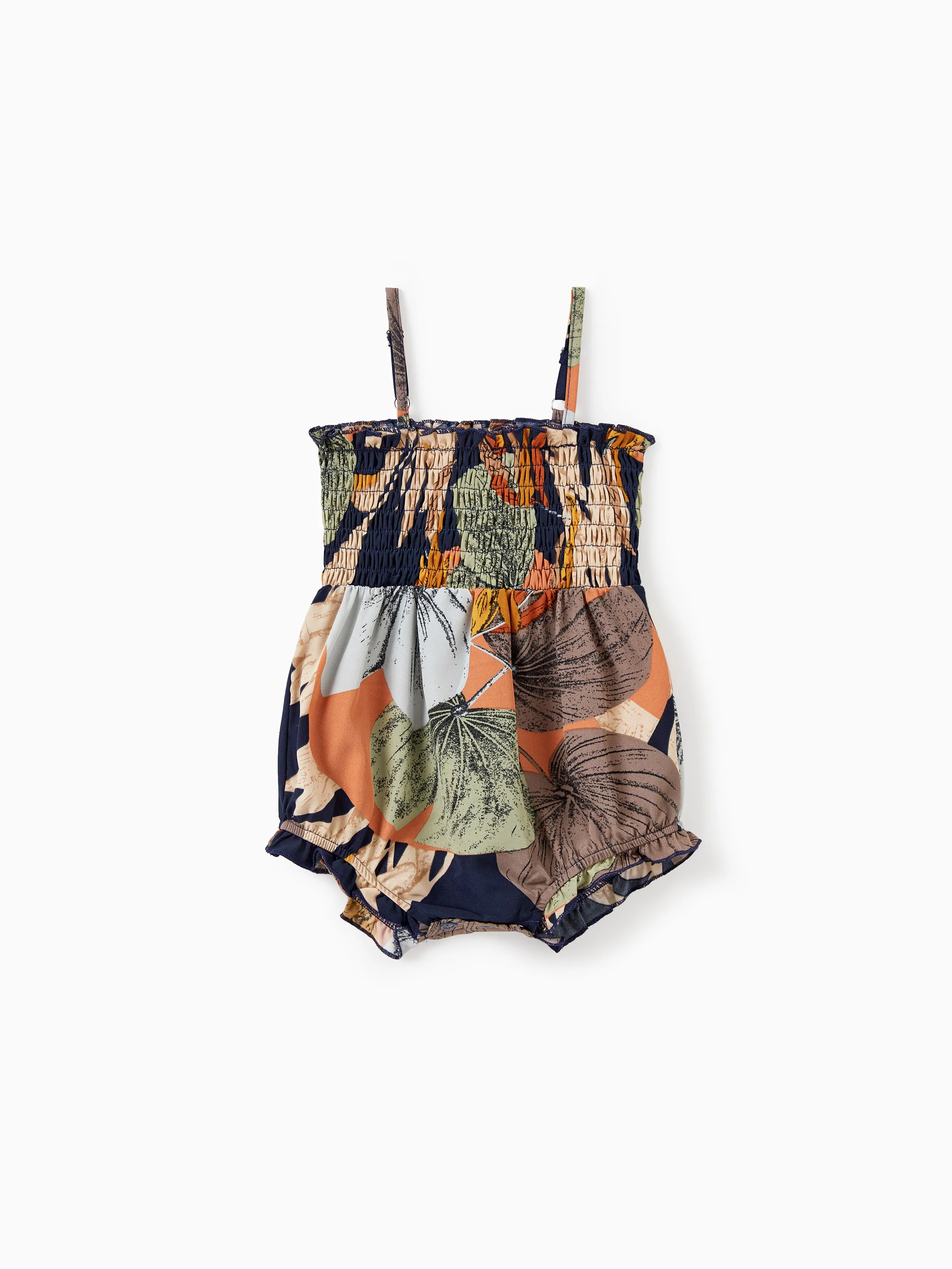 Family Matching Tropical Floral Print Smocked Top Strap Wide-Leg Jumpsuits for Mommy and Me Deep Blue - Image 12