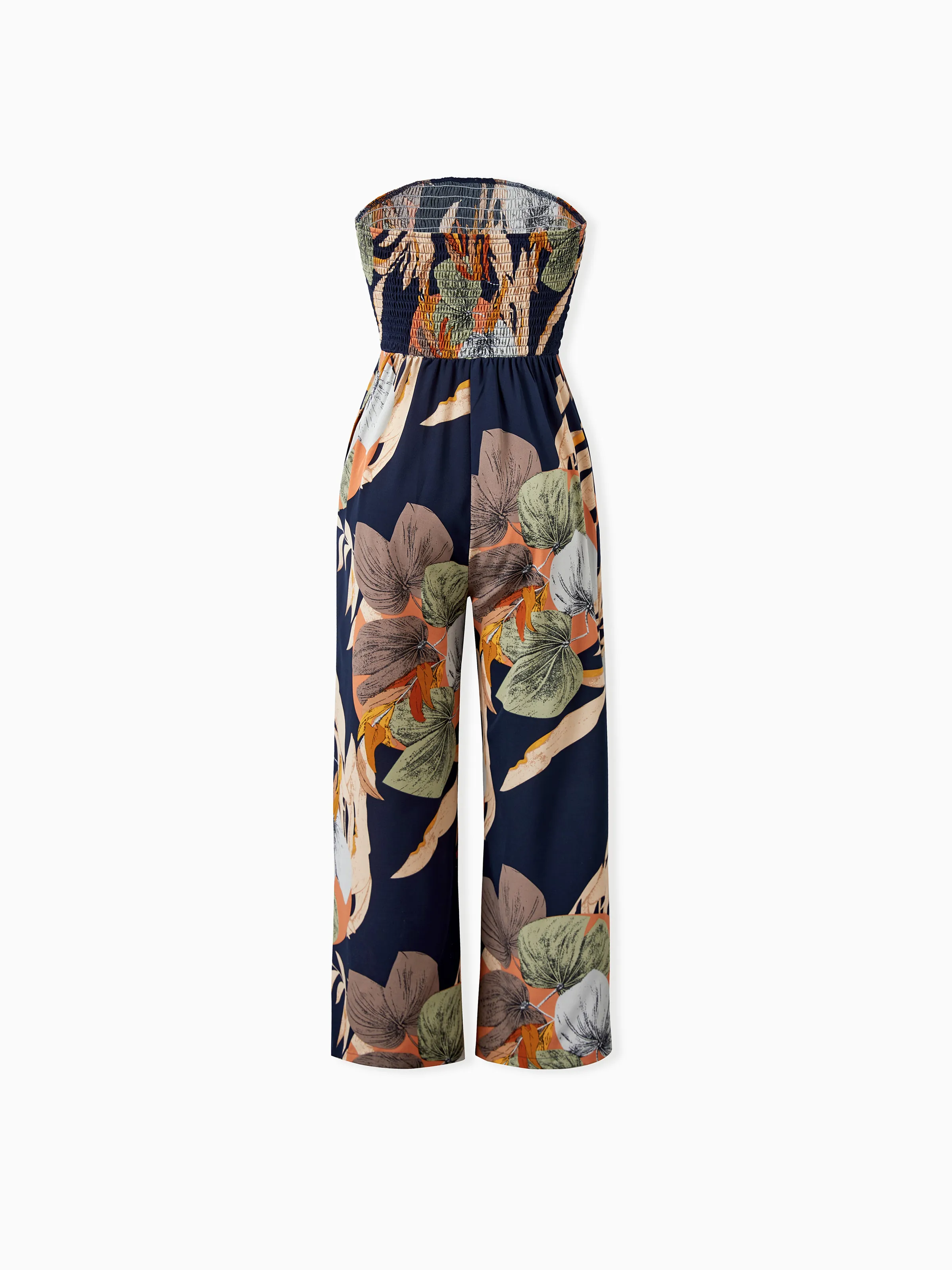 Family Matching Tropical Floral Print Smocked Top Strap Wide-Leg Jumpsuits for Mommy and Me Deep Blue - Image 3