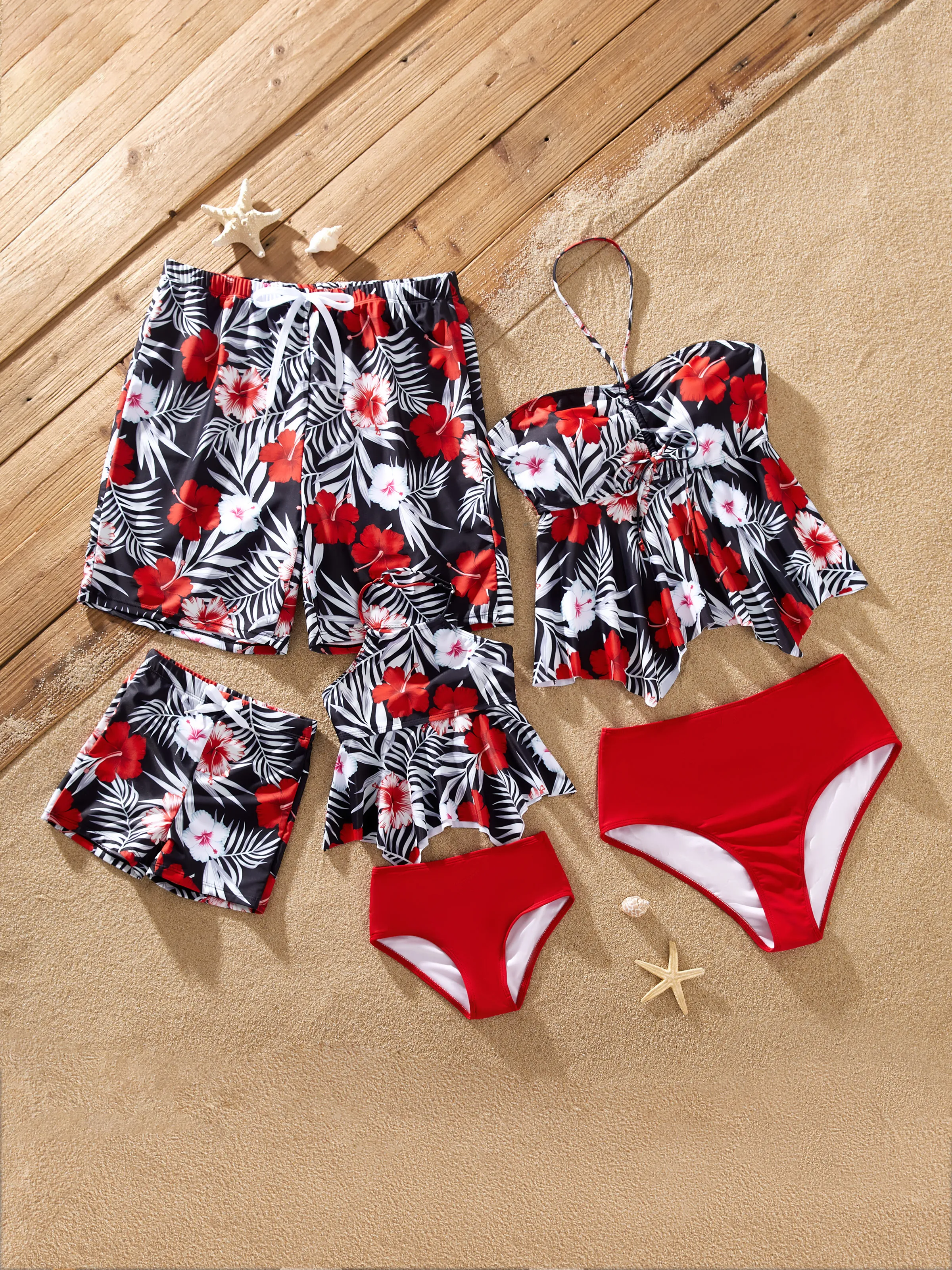 Family Matching Tropical Floral Swim Trunk or 2 Pieces Halter Swimsuit Black - Image 2
