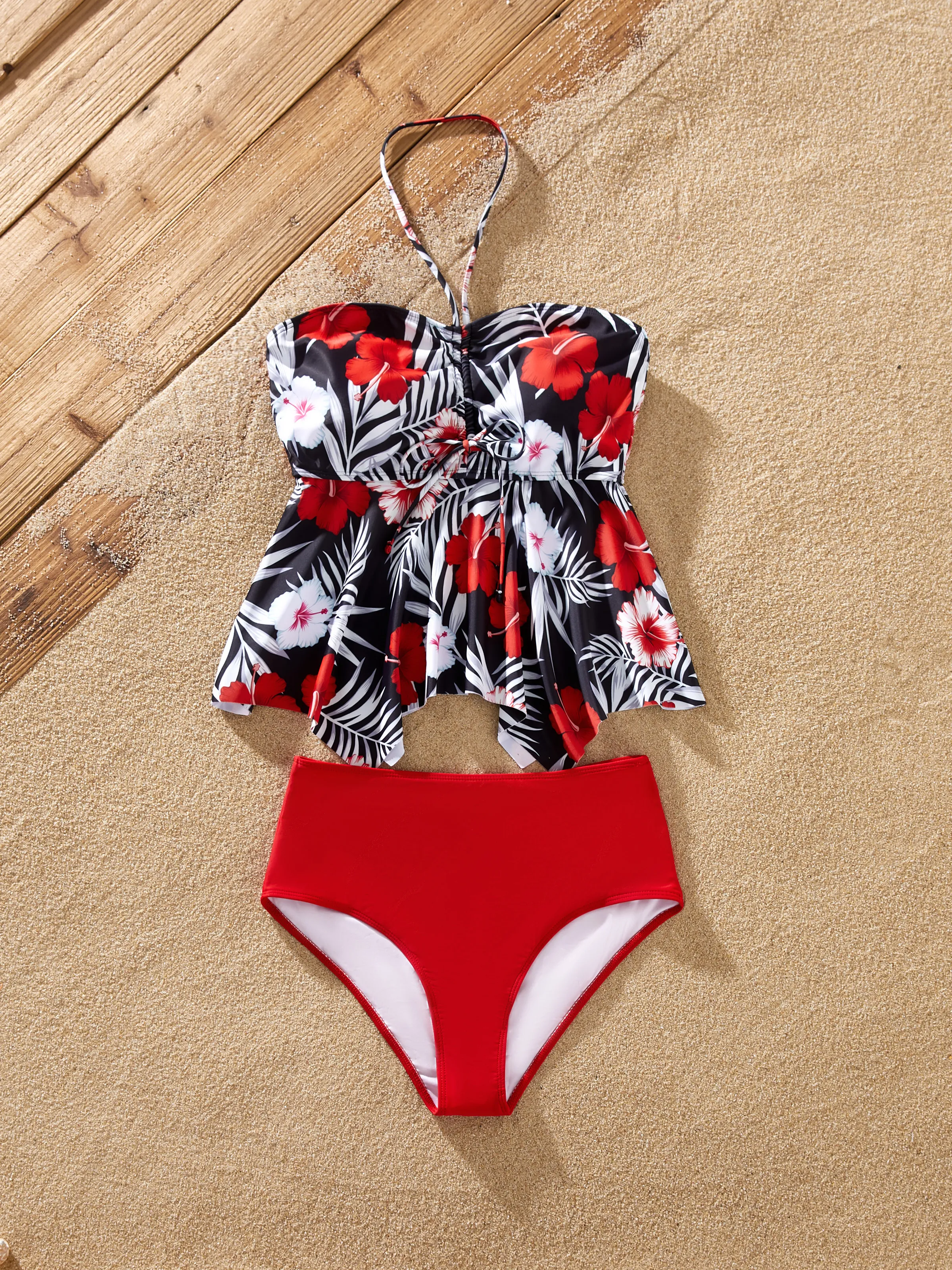 Family Matching Tropical Floral Swim Trunk or 2 Pieces Halter Swimsuit Black - Image 4