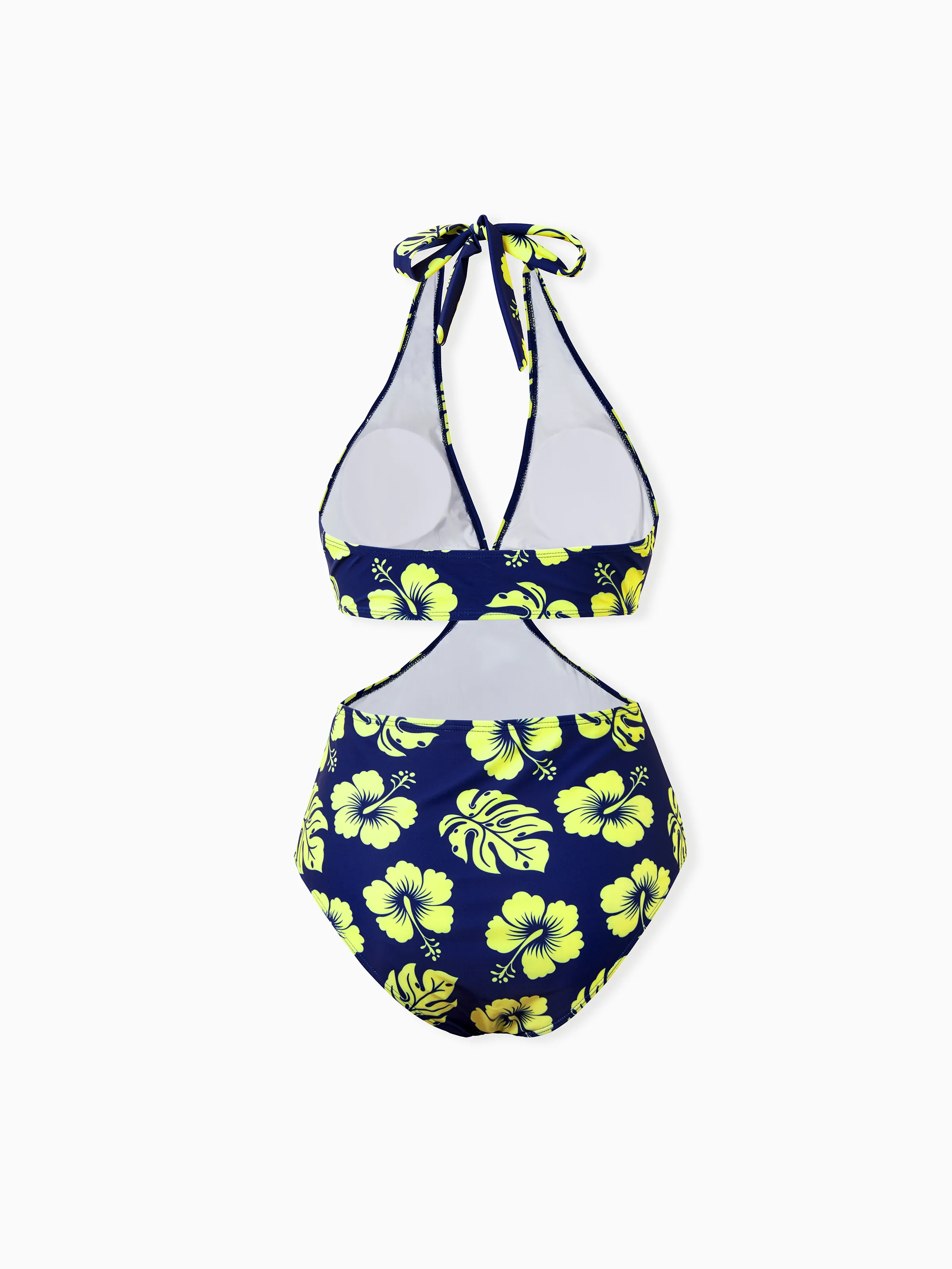 Family Matching Tropical Floral Swimsuits Halter Bikini & Swim Trunks Set Deep Blue - Image 6