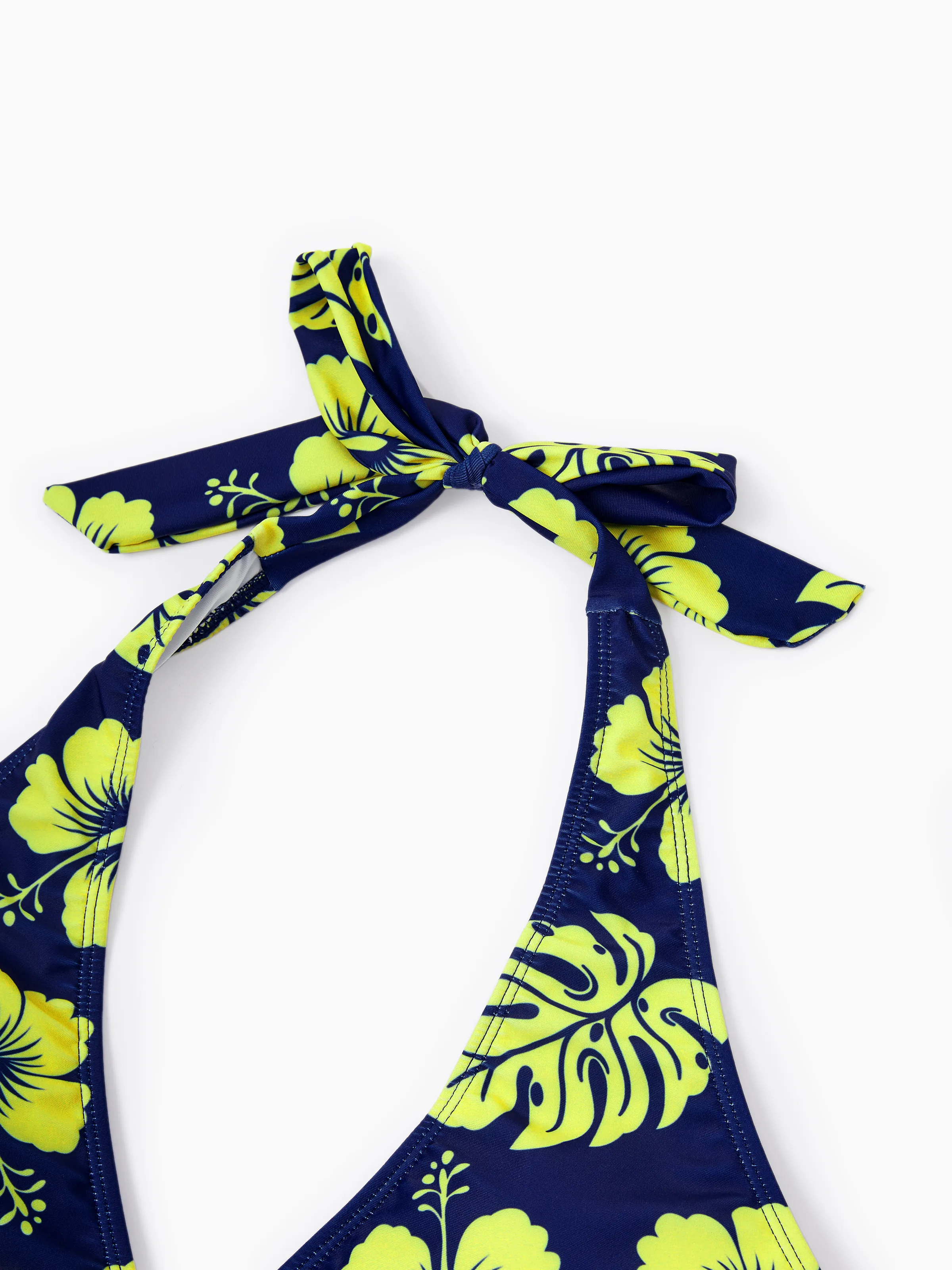 Family Matching Tropical Floral Swimsuits Halter Bikini & Swim Trunks Set Deep Blue - Image 7