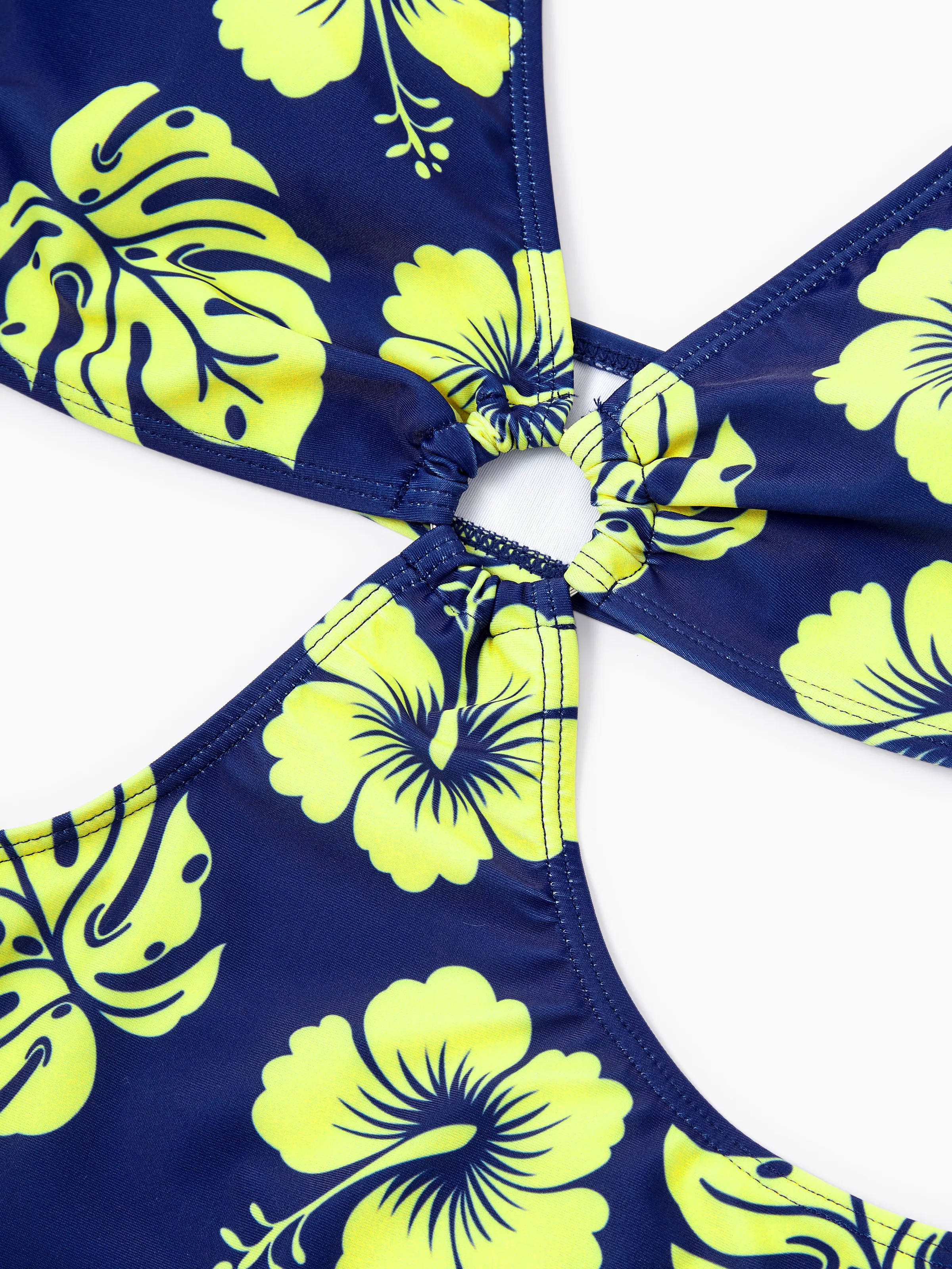Family Matching Tropical Floral Swimsuits Halter Bikini & Swim Trunks Set Deep Blue - Image 8