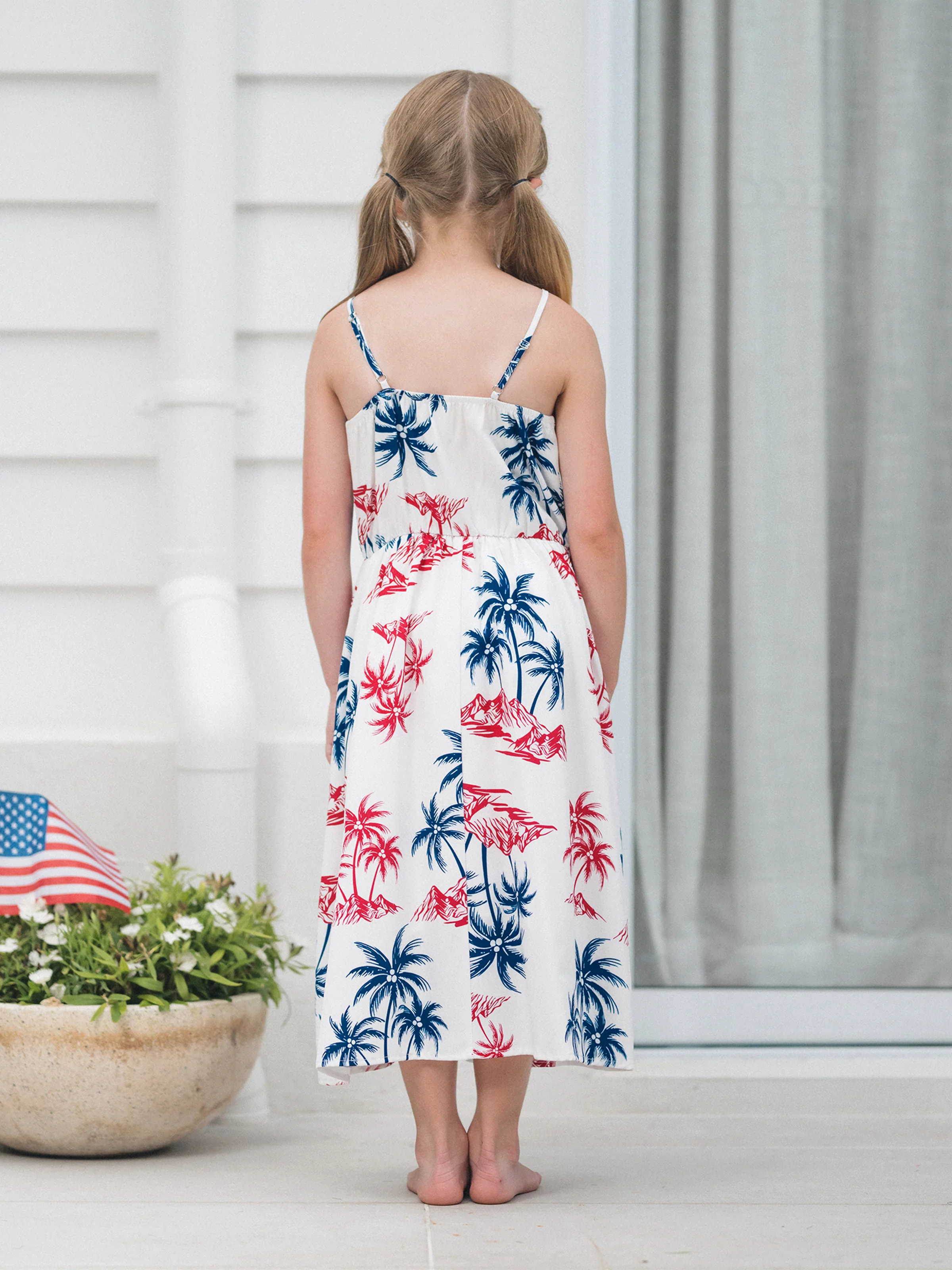 Independence Day Matching Family Outfits Red & Blue Palm Tree Print Hawaiian Vacation Clothes Summer Beach Shirt & Dress Set Multi-color - Image 11