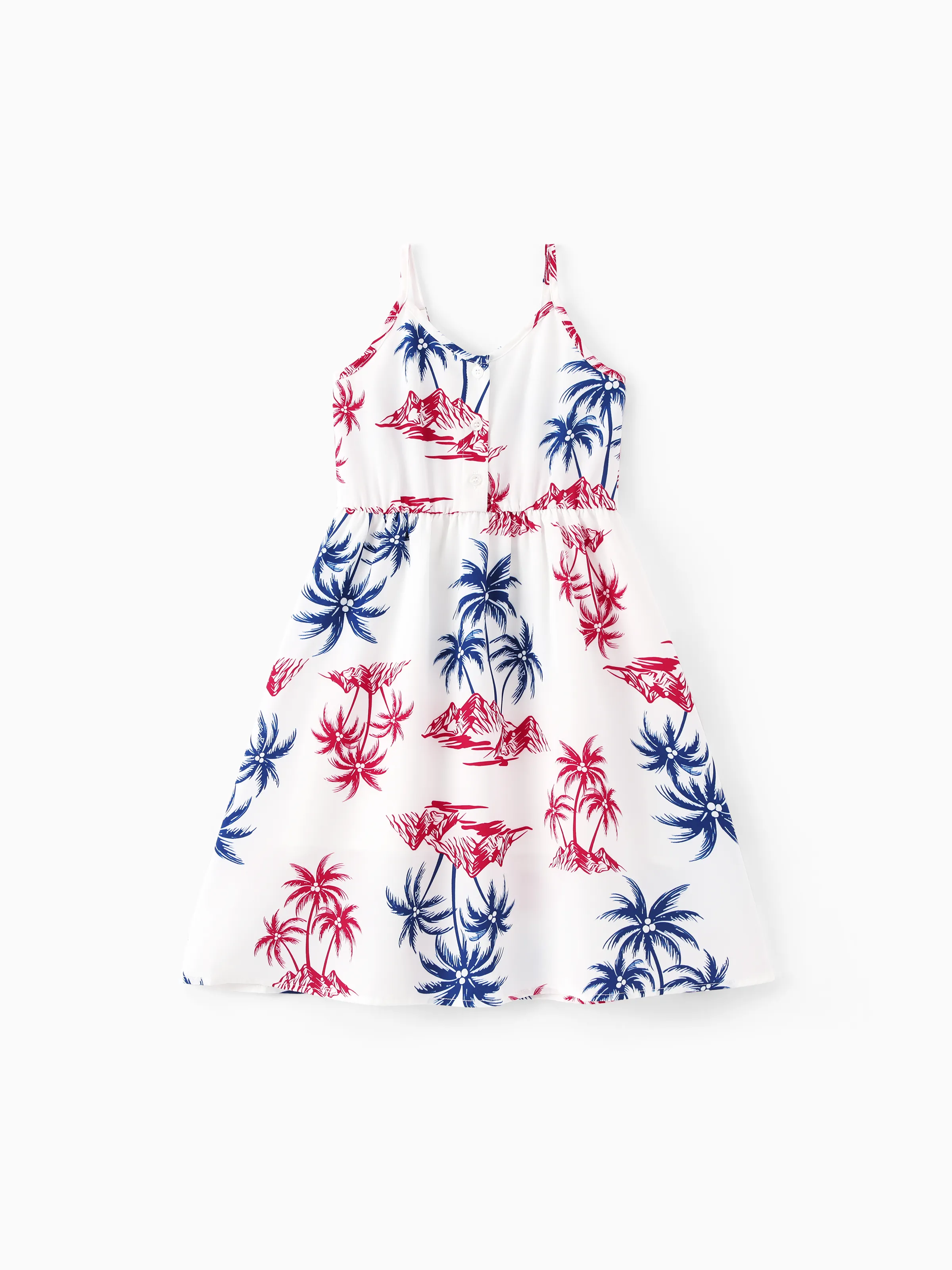Independence Day Matching Family Outfits Red & Blue Palm Tree Print Hawaiian Vacation Clothes Summer Beach Shirt & Dress Set Multi-color - Image 13