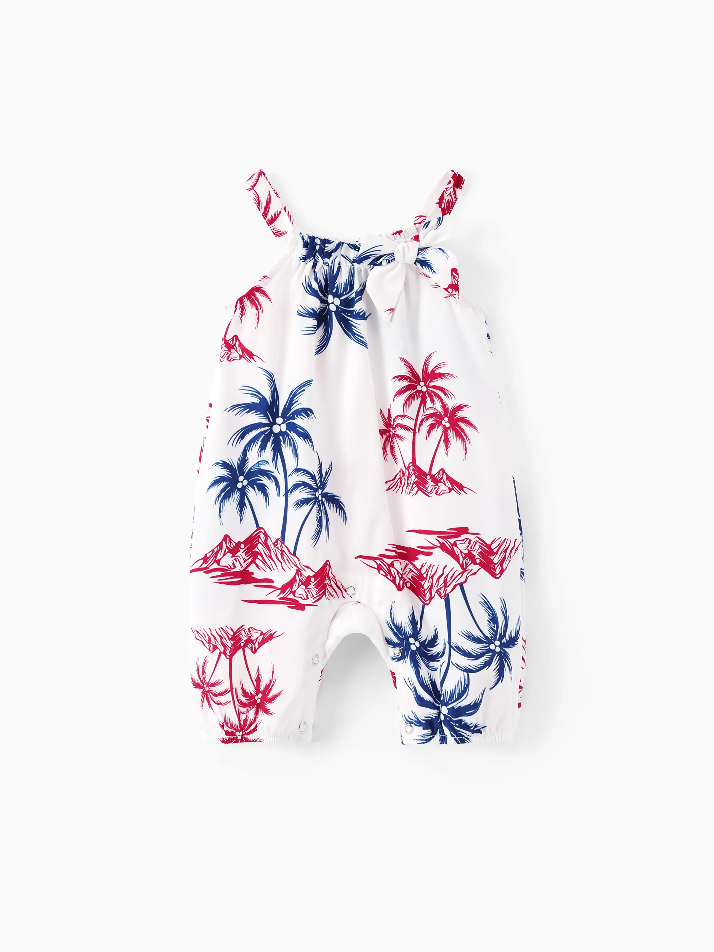 Independence Day Matching Family Outfits Red & Blue Palm Tree Print Hawaiian Vacation Clothes Summer Beach Shirt & Dress Set Multi-color - Image 17