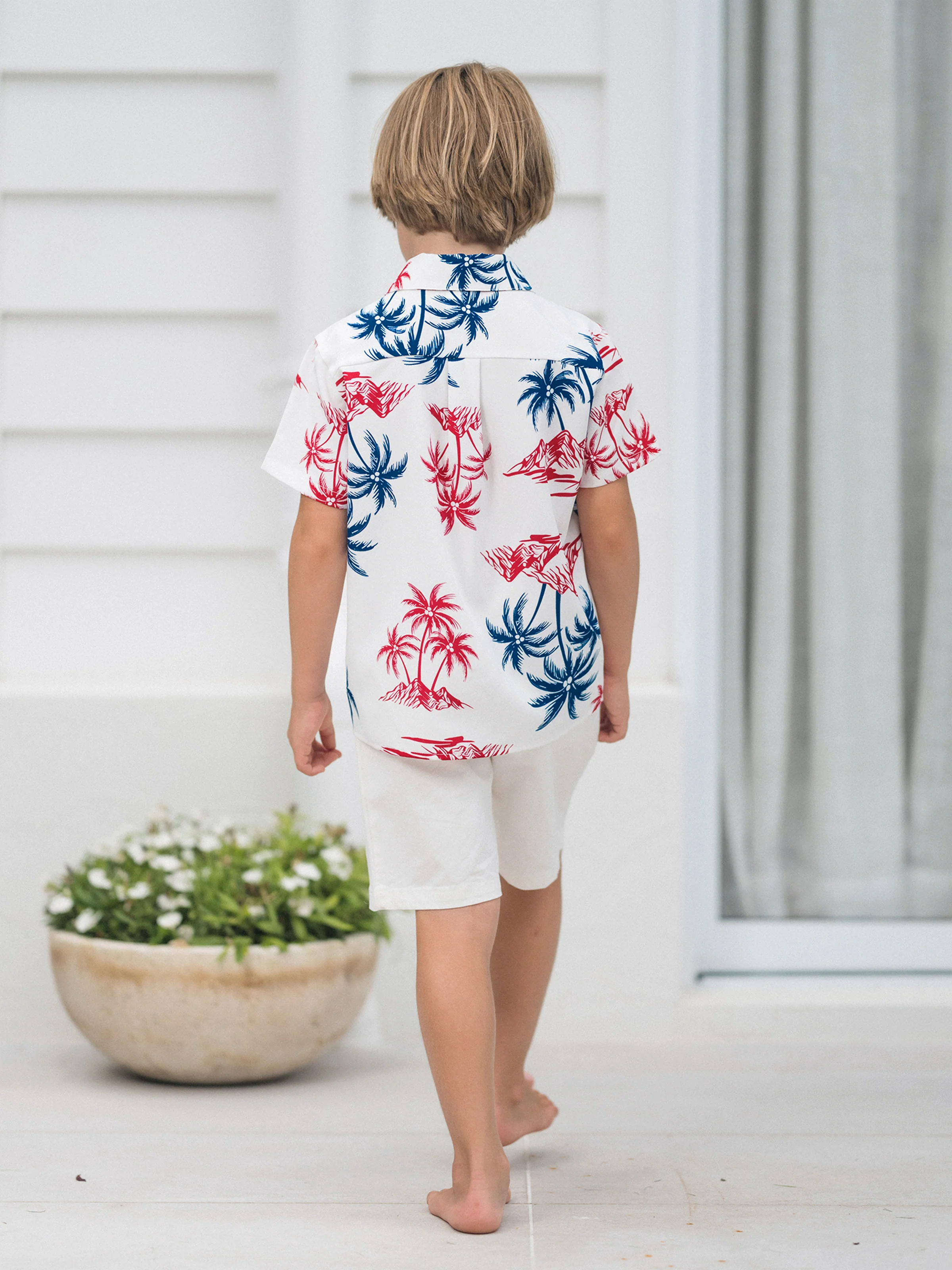Independence Day Matching Family Outfits Red & Blue Palm Tree Print Hawaiian Vacation Clothes Summer Beach Shirt & Dress Set Multi-color - Image 23