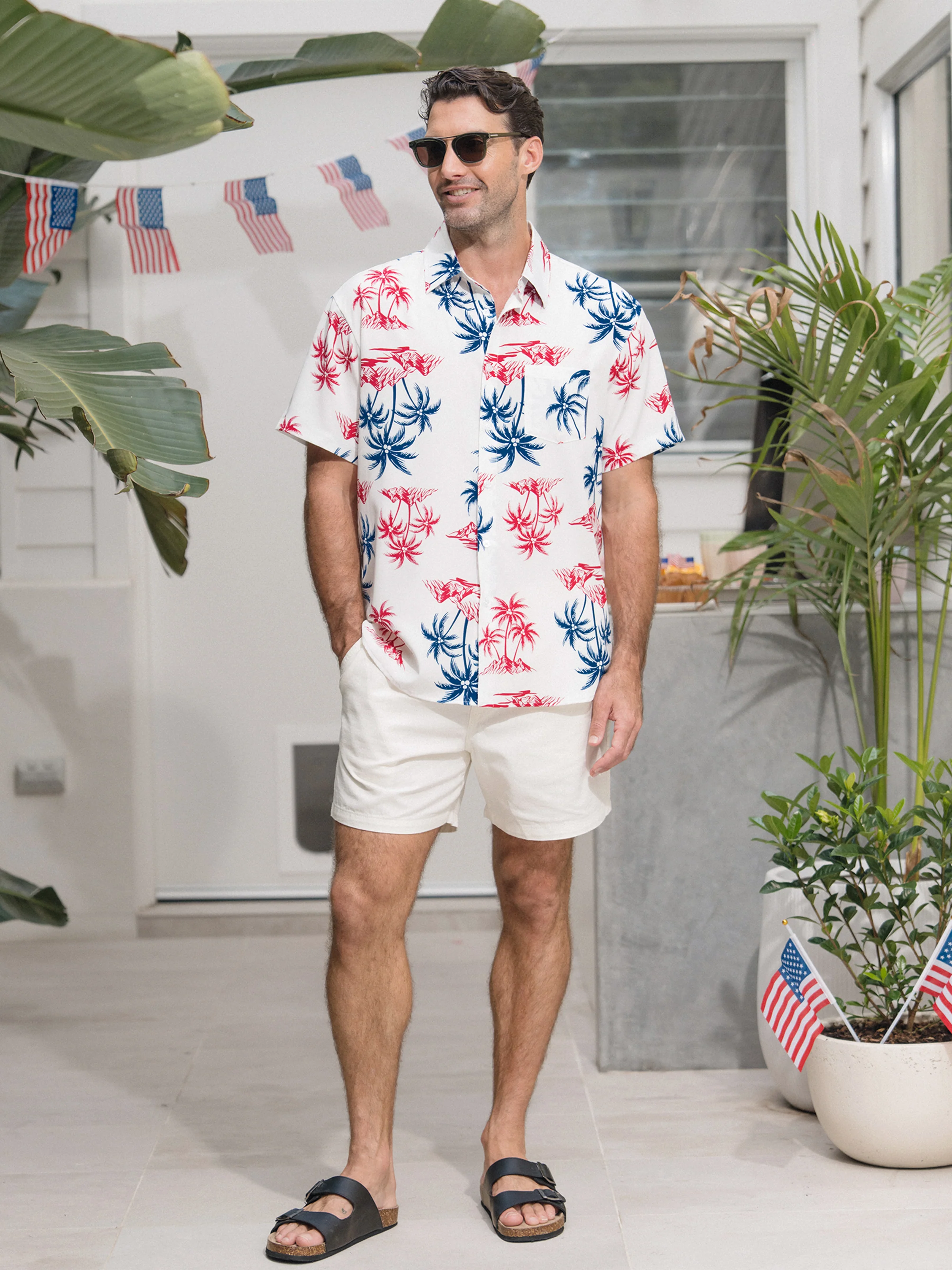 Independence Day Matching Family Outfits Red & Blue Palm Tree Print Hawaiian Vacation Clothes Summer Beach Shirt & Dress Set Multi-color - Image 29