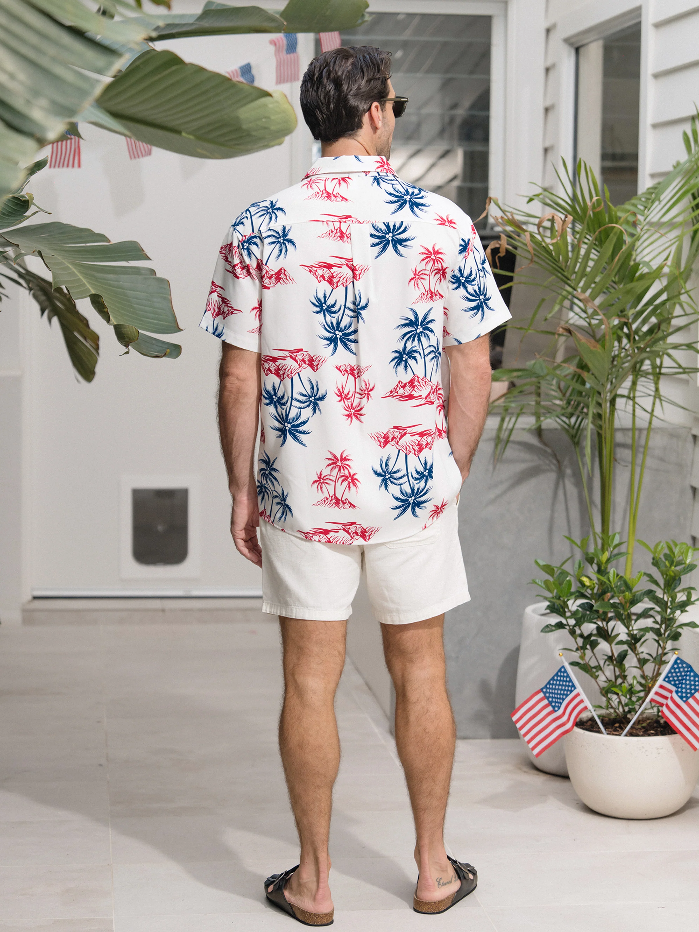 Independence Day Matching Family Outfits Red & Blue Palm Tree Print Hawaiian Vacation Clothes Summer Beach Shirt & Dress Set Multi-color - Image 30