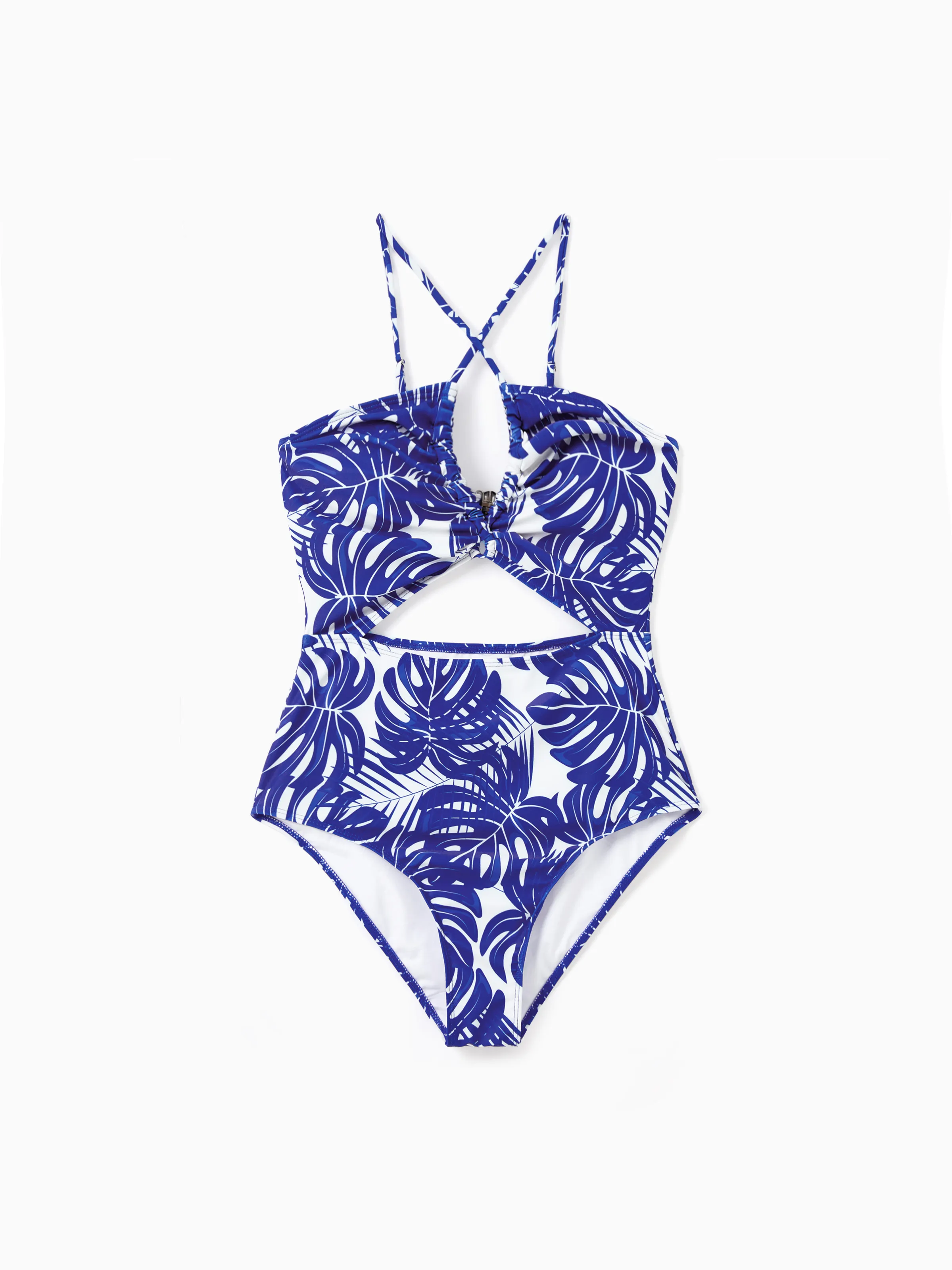 Family Matching Tropical Leaf Print Swim Trunks or Hollow-out Crisscross Straps One-piece Swimsuit Blue - Image 2