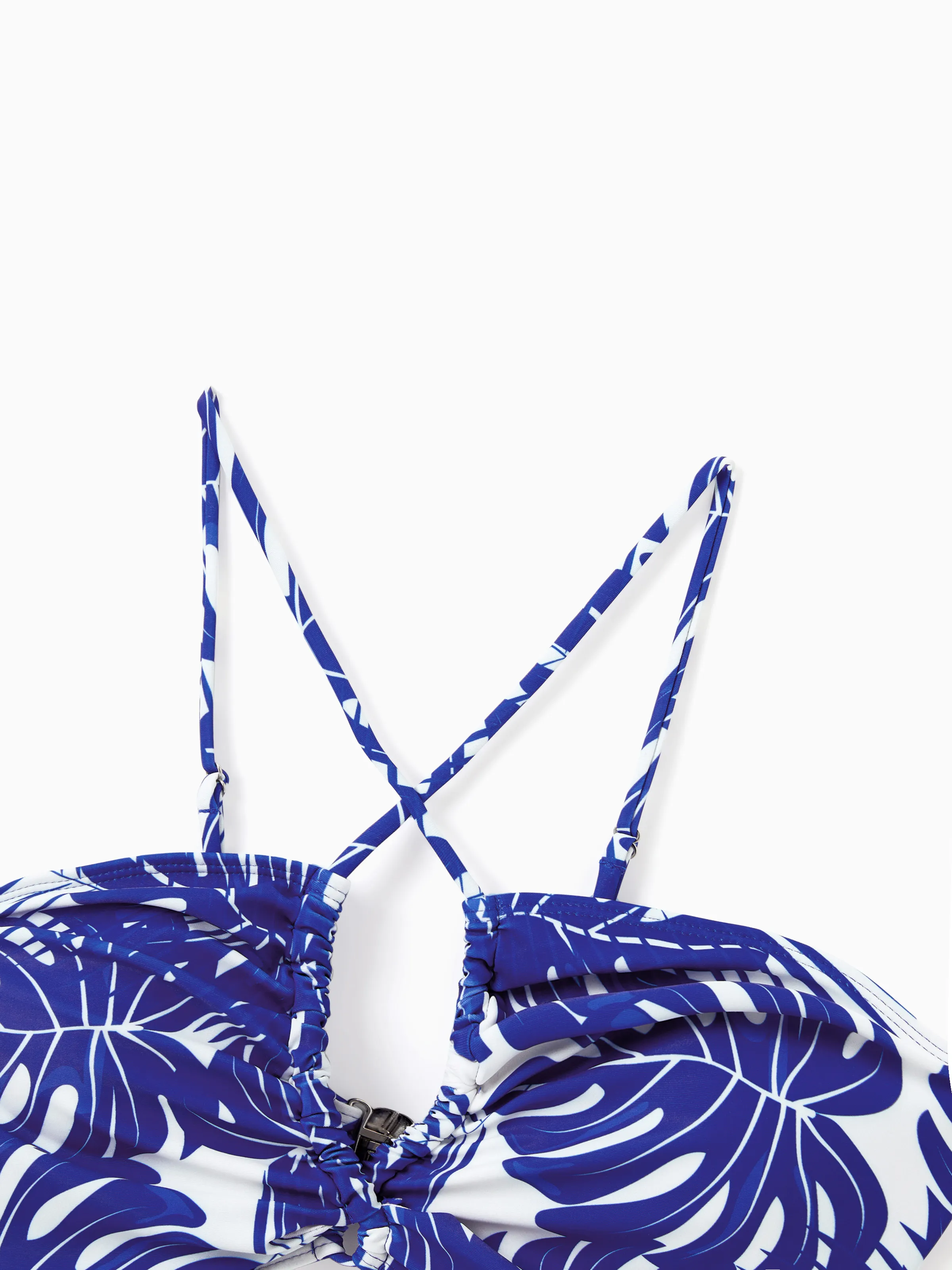 Family Matching Tropical Leaf Print Swim Trunks or Hollow-out Crisscross Straps One-piece Swimsuit Blue - Image 4